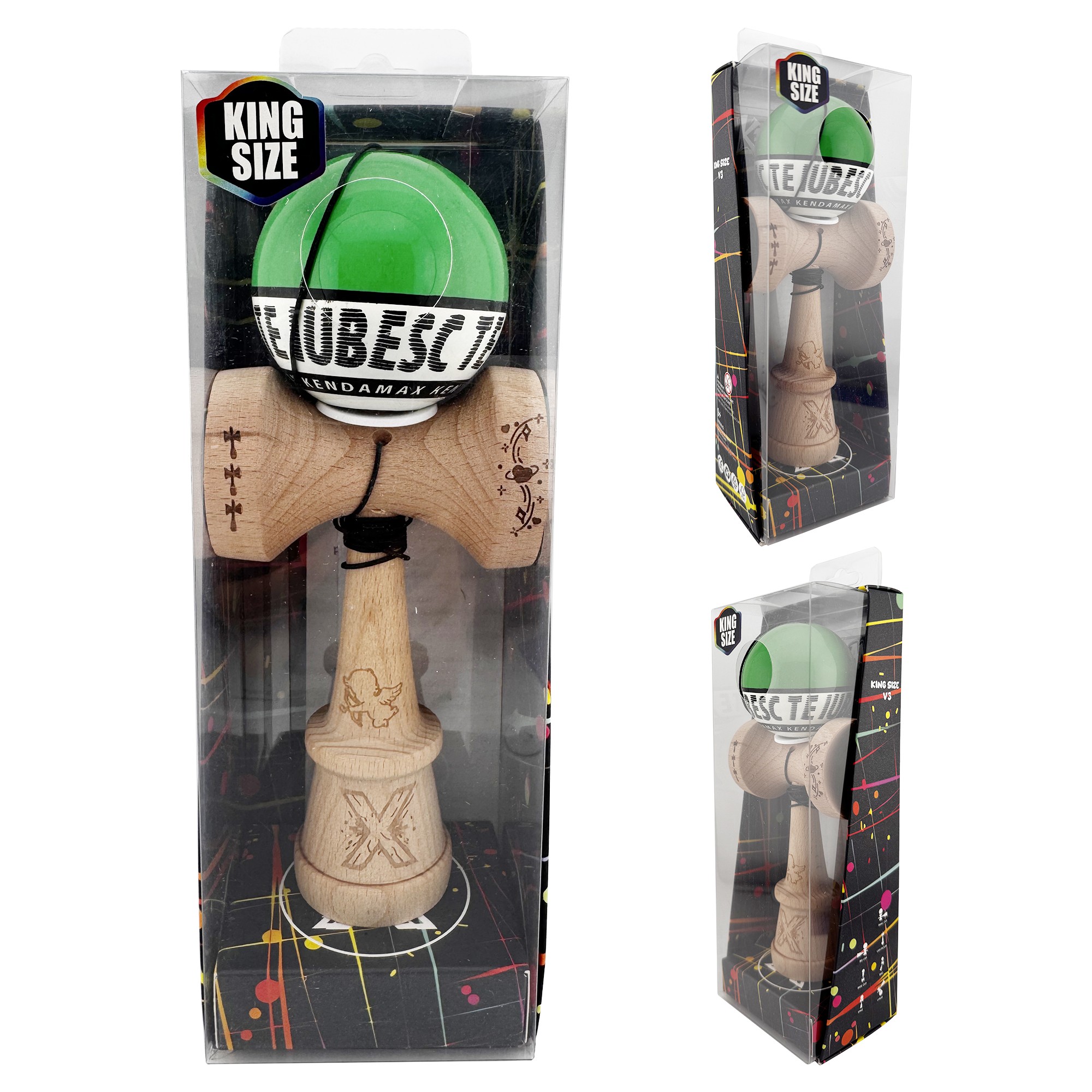 Kendama X TE IUBESC Originala, Profesionala, Flippy, Super Sticky cu Cupe Mari KING SIZE V3, Gaura in Baza, Rulment Metalic, din lemn 18 cm, Ata 62/65 cm, Verde/Alb