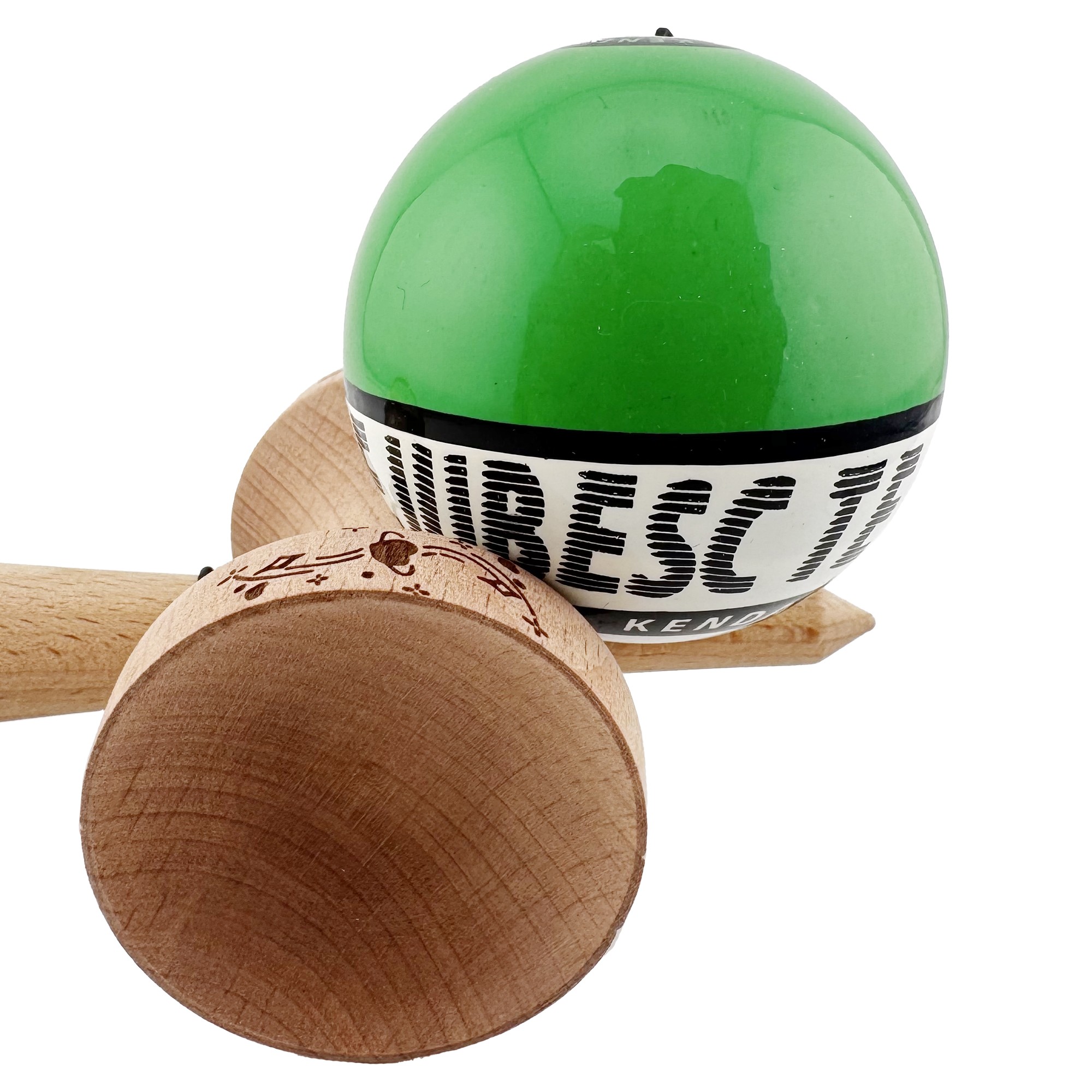 Kendama X TE IUBESC Originala, Profesionala, Flippy, Super Sticky cu Cupe Mari KING SIZE V3, Gaura in Baza, Rulment Metalic, din lemn 18 cm, Ata 62/65 cm, Verde/Alb
