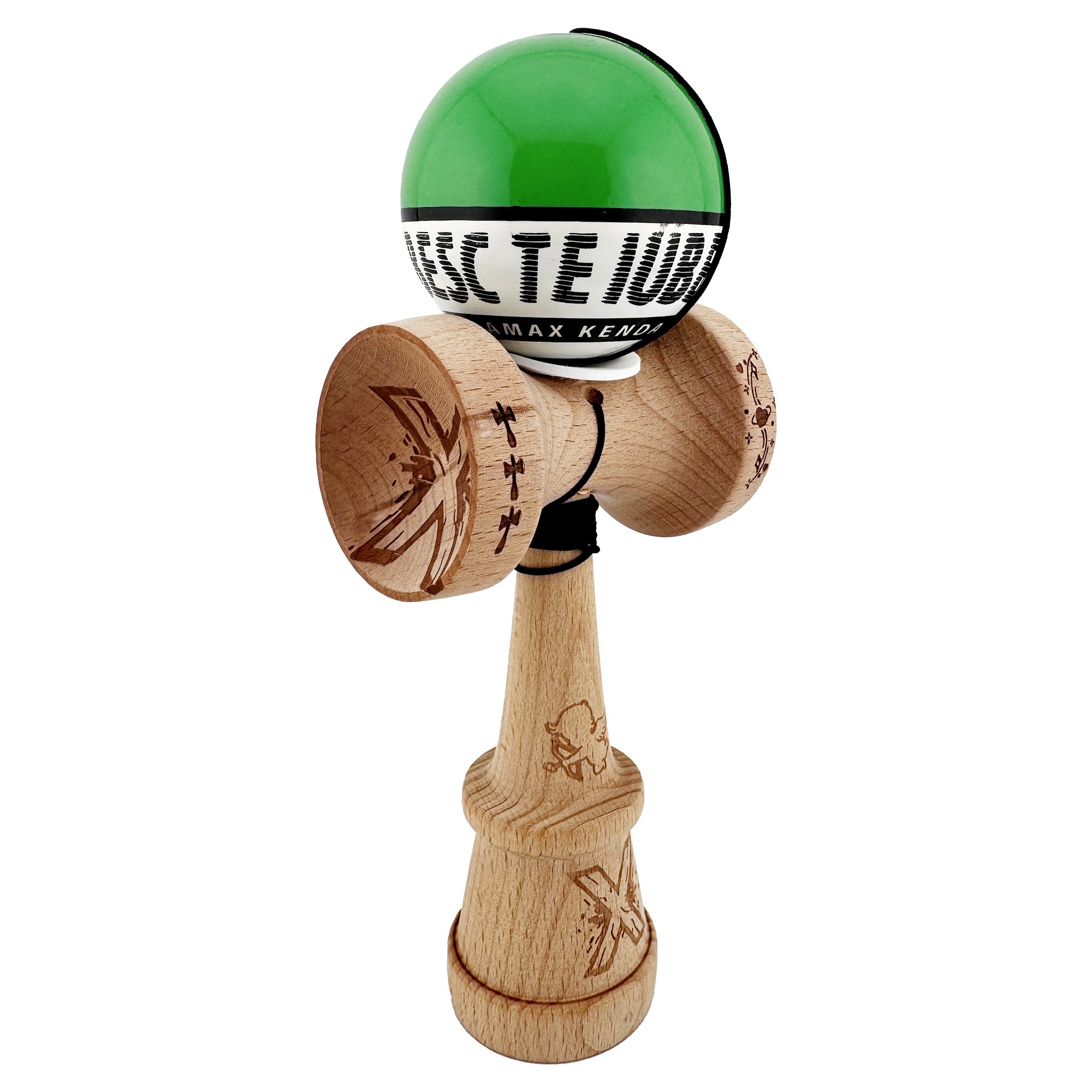 Kendama X TE IUBESC Originala, Profesionala, Flippy, Super Sticky cu Cupe Mari KING SIZE V3, Gaura in Baza, Rulment Metalic, din lemn 18 cm, Ata 62/65 cm, Verde/Alb