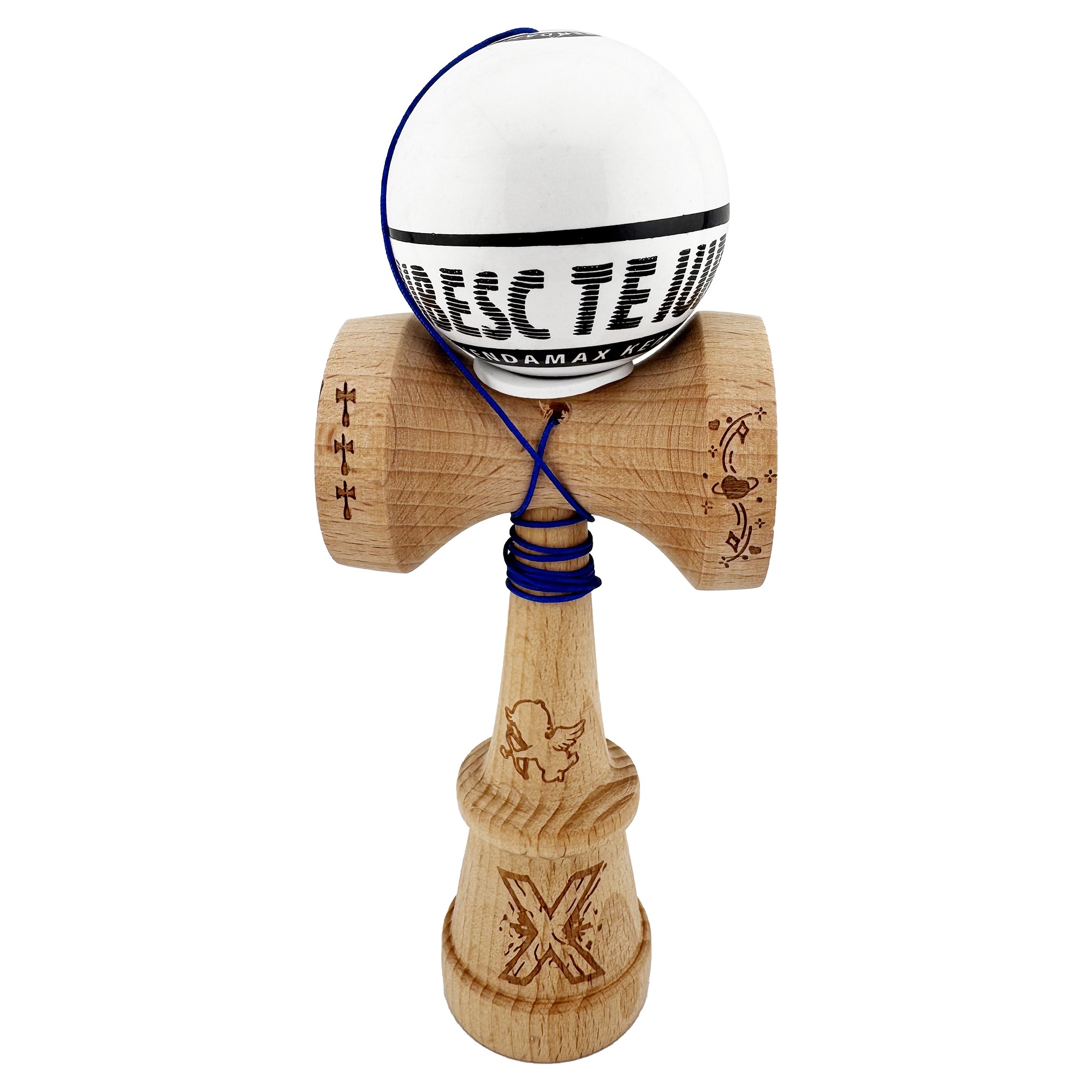 Kendama X TE IUBESC Originala, Profesionala, Flippy, Super Sticky cu Cupe Mari KING SIZE V3, Gaura in Baza, Rulment Metalic, din lemn 18 cm, Ata 62/65 cm, Alb/Alb