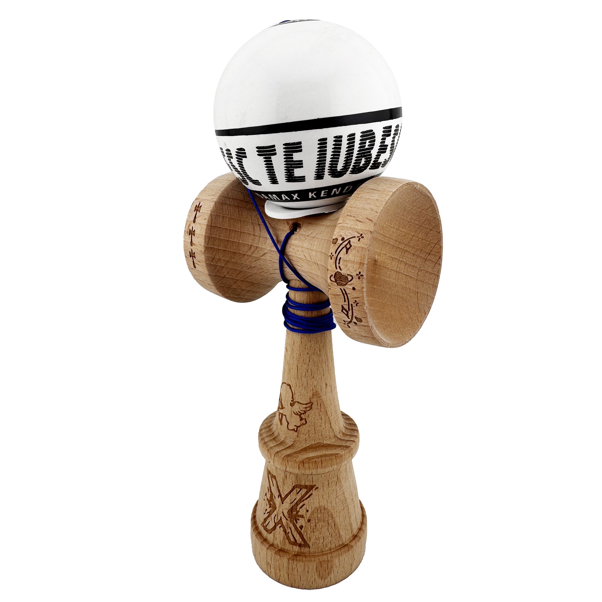 Kendama X TE IUBESC Originala, Profesionala, Flippy, Super Sticky cu Cupe Mari KING SIZE V3, Gaura in Baza, Rulment Metalic, din lemn 18 cm, Ata 62/65 cm, Alb/Alb