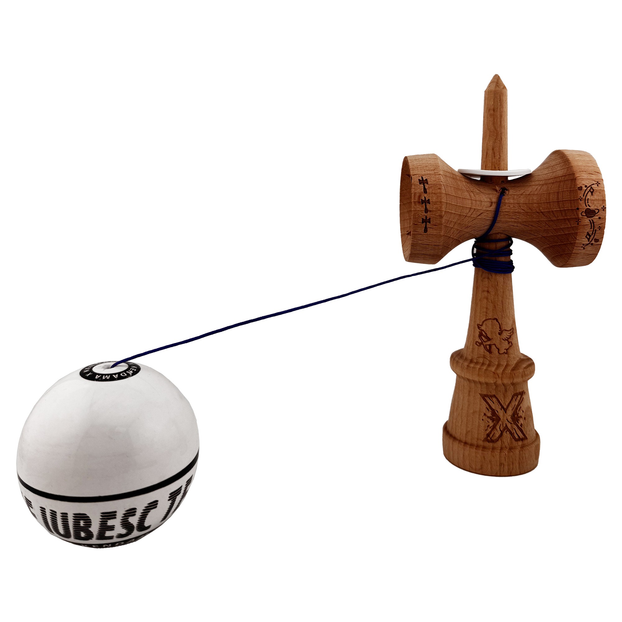 Kendama X TE IUBESC Originala, Profesionala, Flippy, Super Sticky cu Cupe Mari KING SIZE V3, Gaura in Baza, Rulment Metalic, din lemn 18 cm, Ata 62/65 cm, Alb/Alb