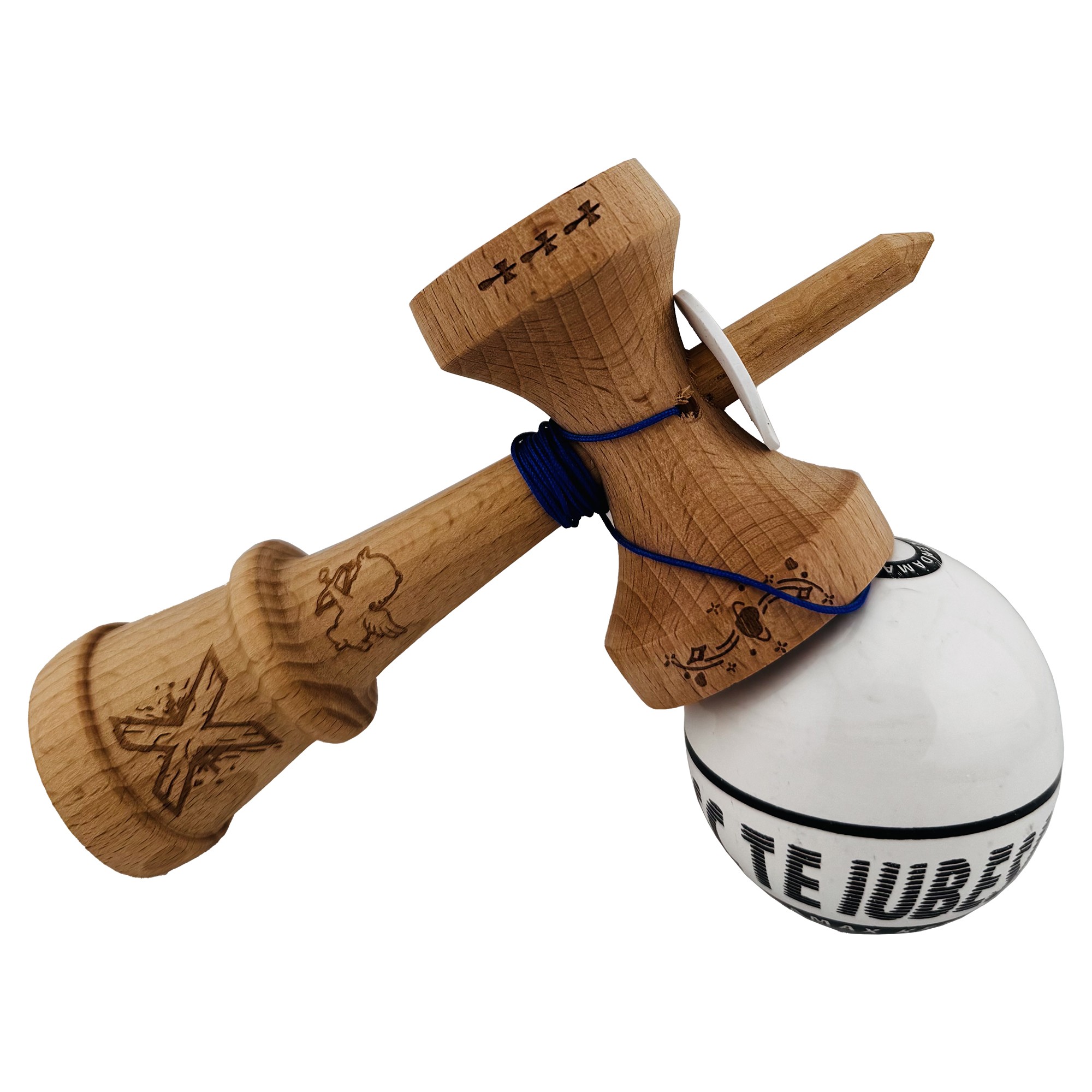 Kendama X TE IUBESC Originala, Profesionala, Flippy, Super Sticky cu Cupe Mari KING SIZE V3, Gaura in Baza, Rulment Metalic, din lemn 18 cm, Ata 62/65 cm, Alb/Alb
