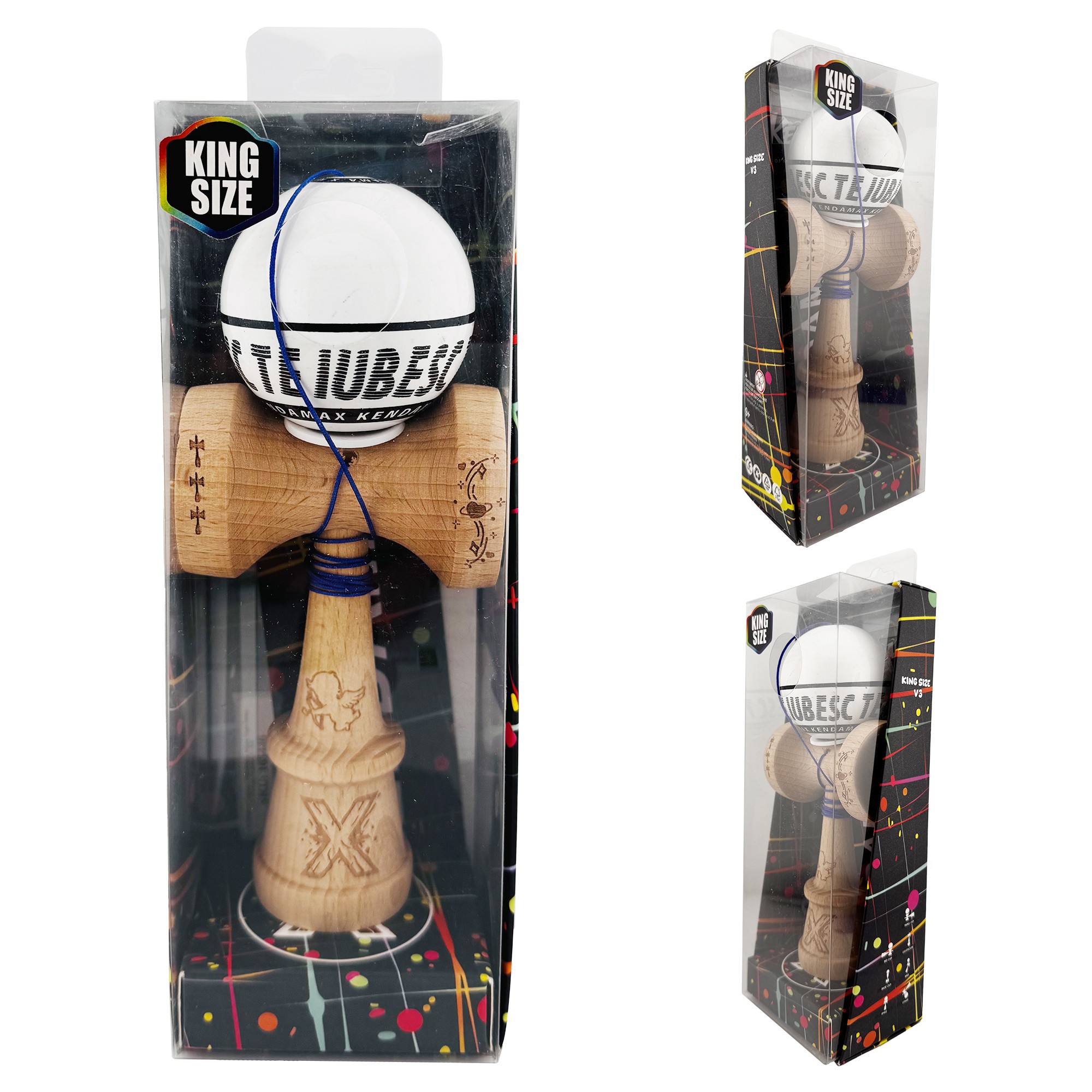 Kendama X TE IUBESC Originala, Profesionala, Flippy, Super Sticky cu Cupe Mari KING SIZE V3, Gaura in Baza, Rulment Metalic, din lemn 18 cm, Ata 62/65 cm, Alb/Alb