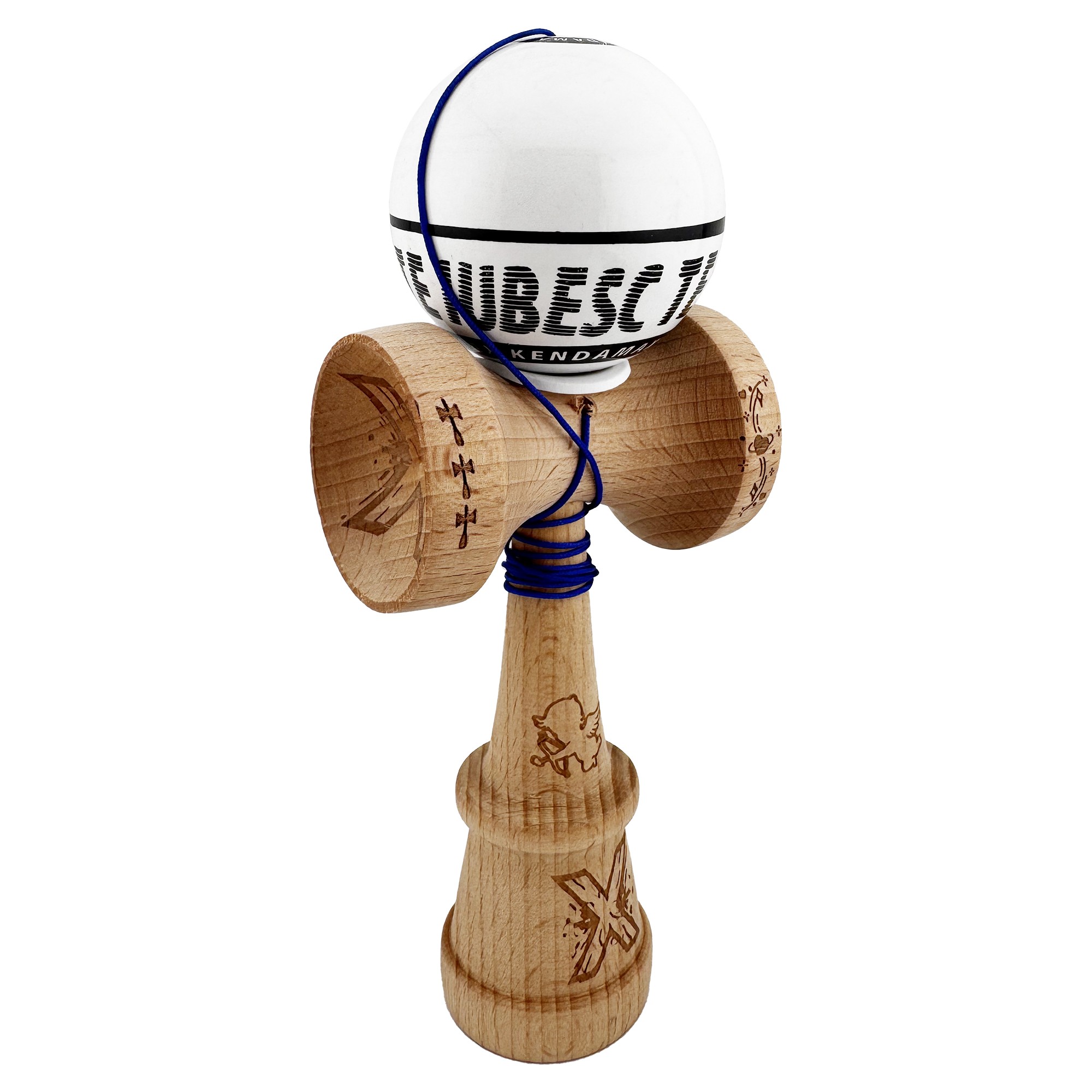 Kendama X TE IUBESC Originala, Profesionala, Flippy, Super Sticky cu Cupe Mari KING SIZE V3, Gaura in Baza, Rulment Metalic, din lemn 18 cm, Ata 62/65 cm, Alb/Alb