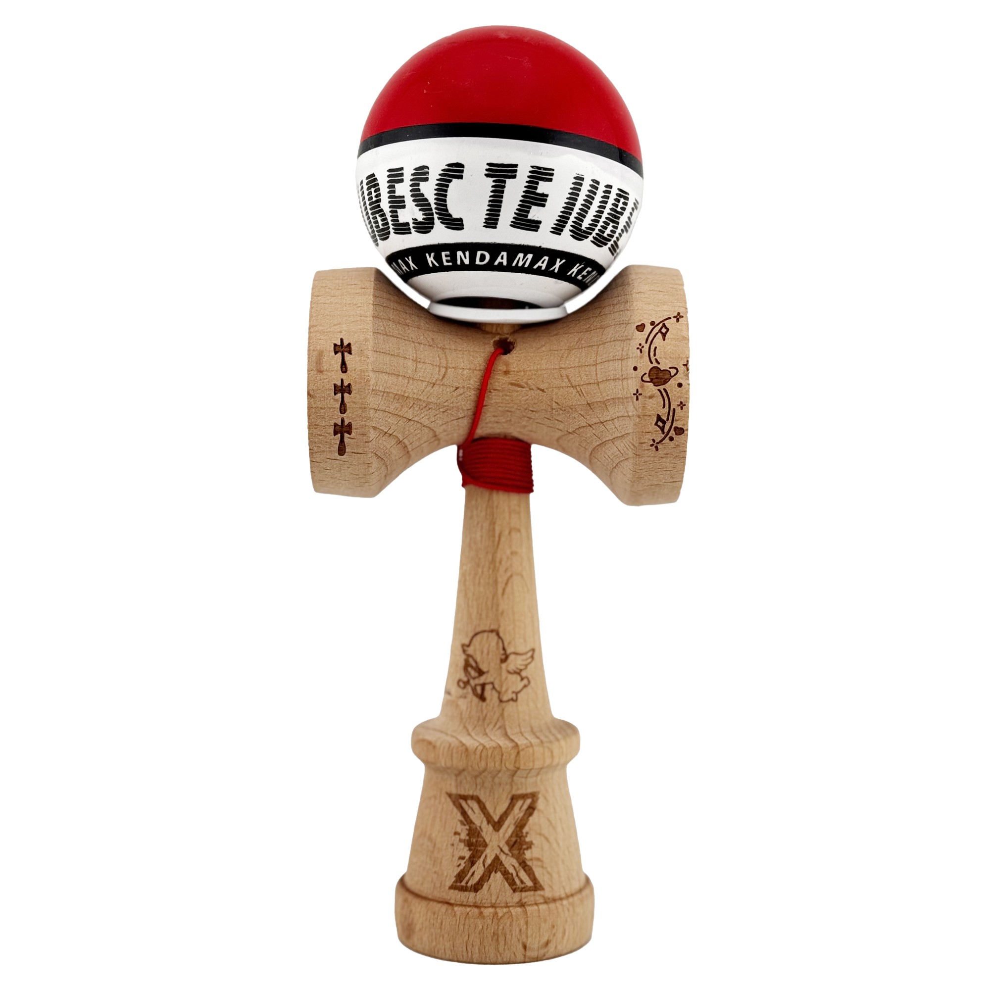 Kendama X TE IUBESC Originala, Profesionala, Flippy, Super Sticky cu Cupe Mari KING SIZE V3, Gaura in Baza, Rulment Metalic, din lemn 18 cm, Ata 62/65 cm, Rosu/Alb