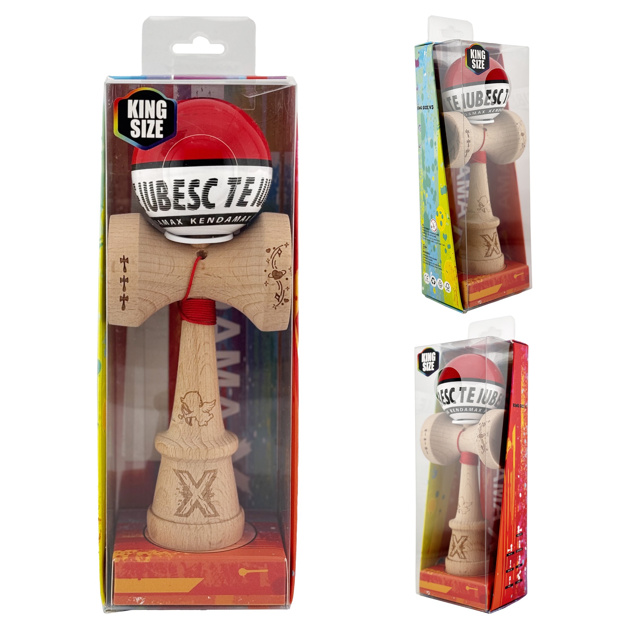 Kendama X TE IUBESC Originala, Profesionala, Flippy, Super Sticky cu Cupe Mari KING SIZE V3, Gaura in Baza, Rulment Metalic, din lemn 18 cm, Ata 62/65 cm, Rosu/Alb