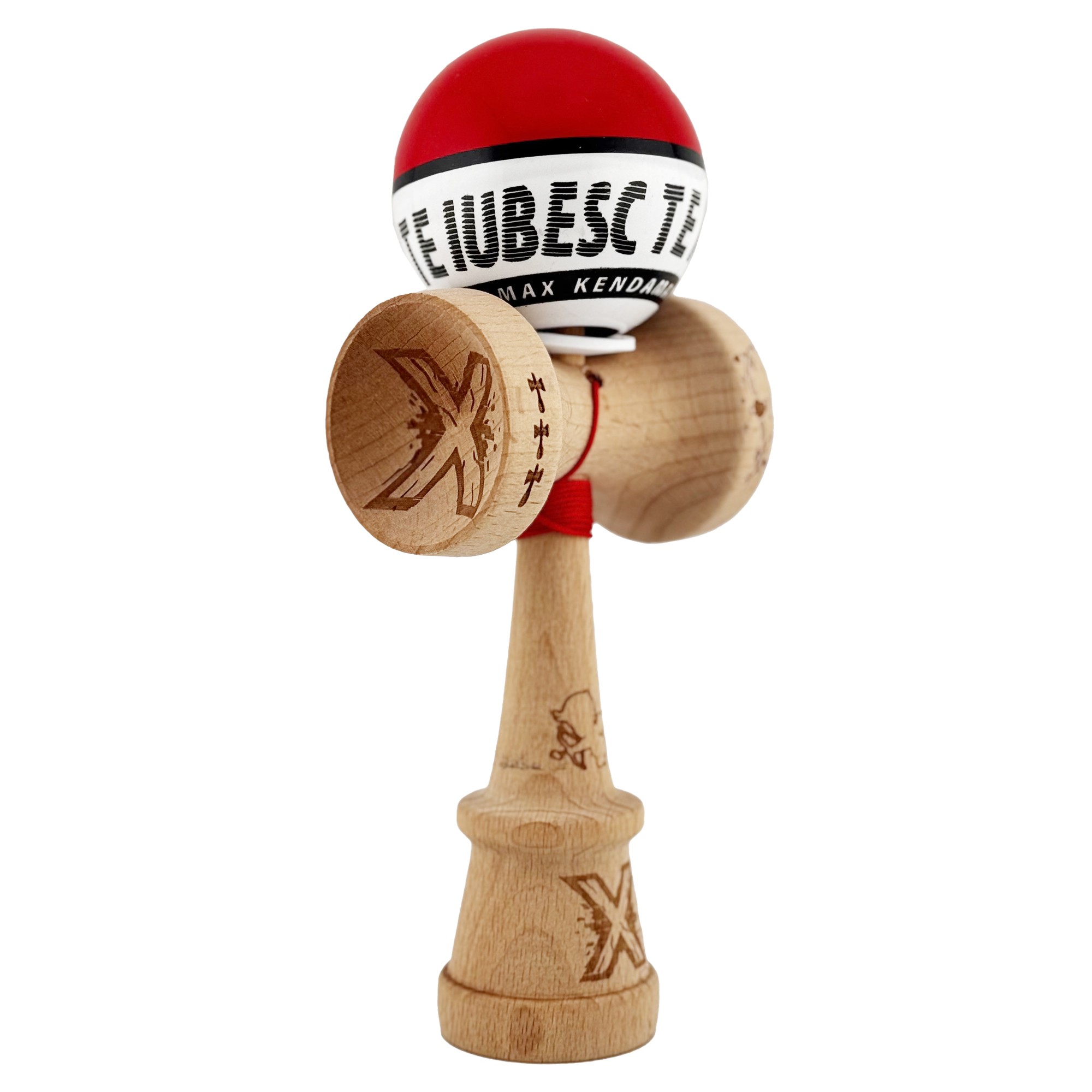 Kendama X TE IUBESC Originala, Profesionala, Flippy, Super Sticky cu Cupe Mari KING SIZE V3, Gaura in Baza, Rulment Metalic, din lemn 18 cm, Ata 62/65 cm, Rosu/Alb