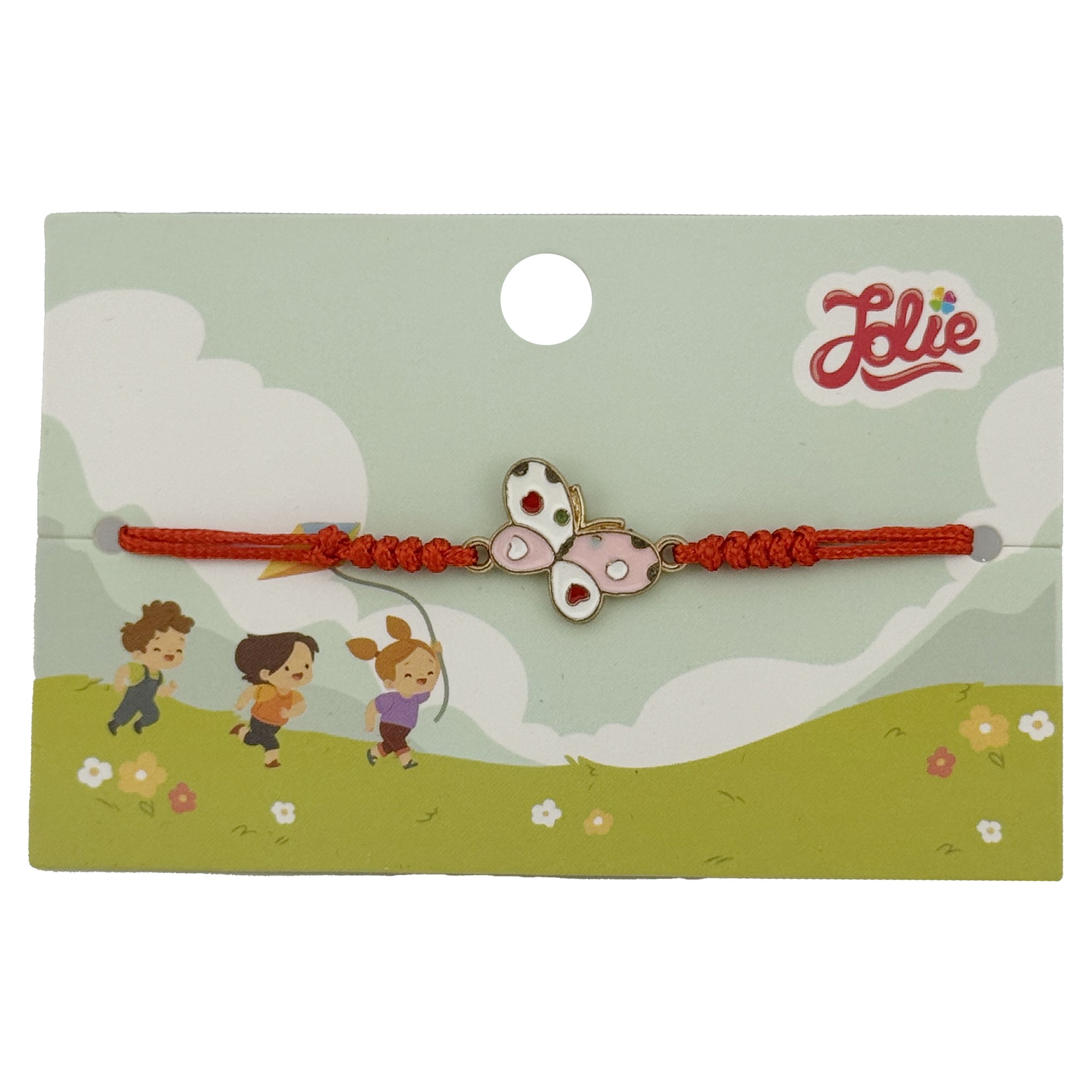 Bratara pentru Copii, Jolie, Model Fluturas Roz, Snur cu Impletitura Rosu Reglabil, Auriu