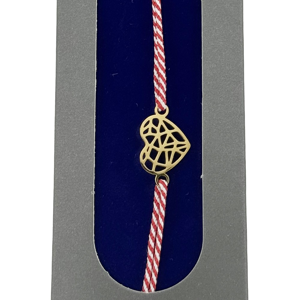 Bratara Placata cu Aur 24k, Jolie, Model INIMA aspect Crapaturi, Martisor Bratara, cu Snur Alb/Rosu, Auriu