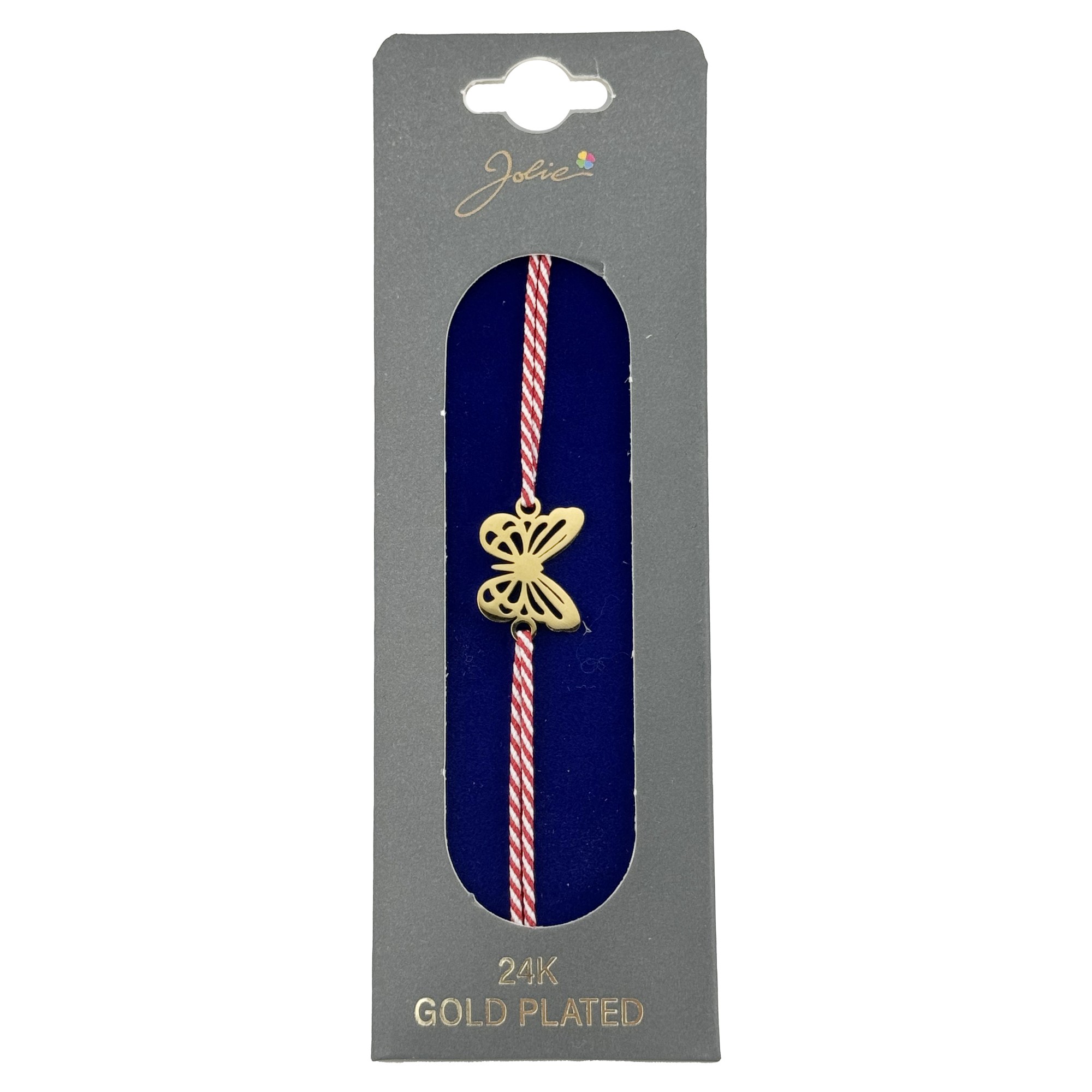 Bratara Placata cu Aur 24k, Jolie, Model FLUTURE PLIN, Martisor Bratara, cu Snur Alb/Rosu, Auriu