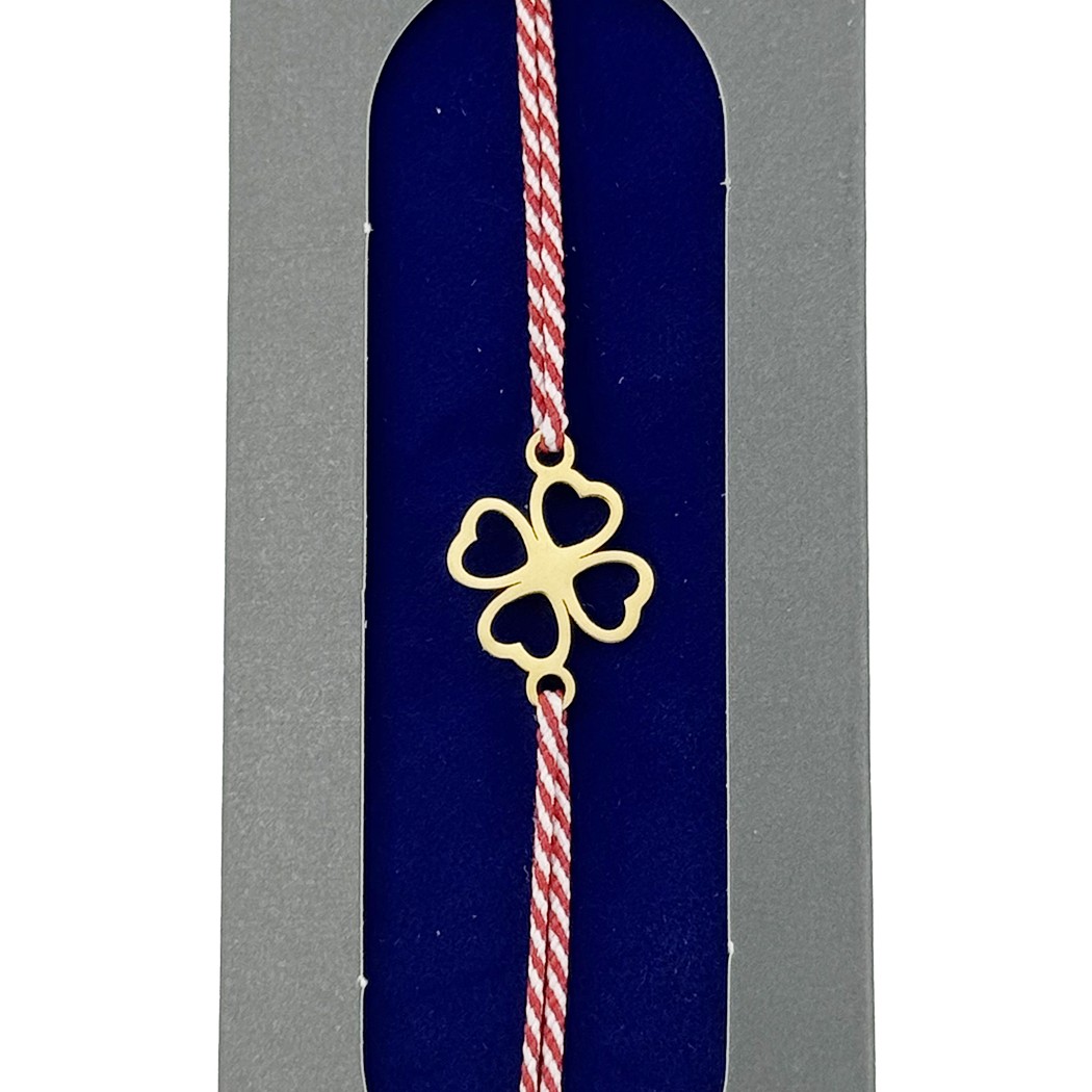 Bratara Placata cu Aur 24k, Jolie, Model TRIFOI, Martisor Bratara, cu Snur Alb/Rosu, Auriu