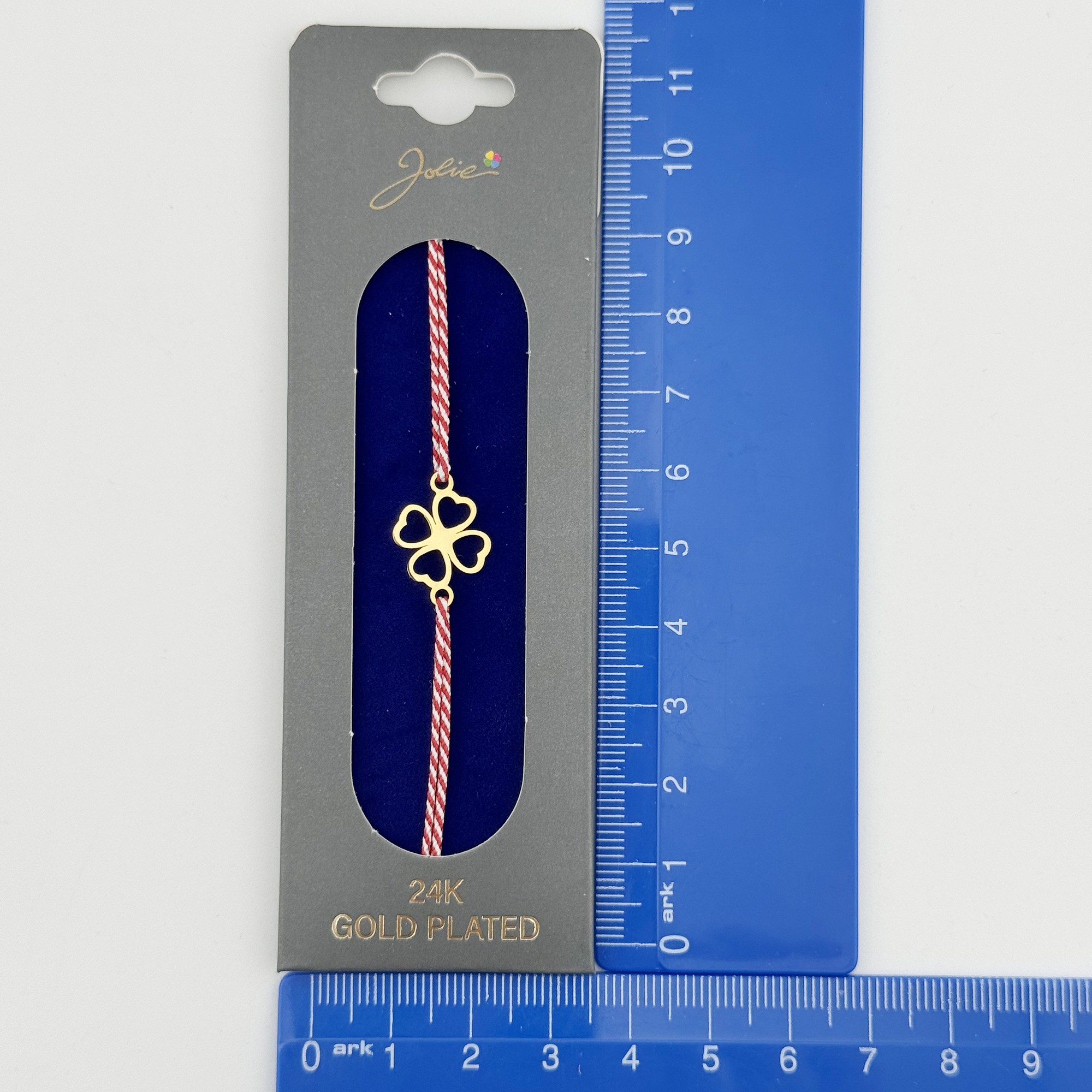 Bratara Placata cu Aur 24k, Jolie, Model TRIFOI, Martisor Bratara, cu Snur Alb/Rosu, Auriu