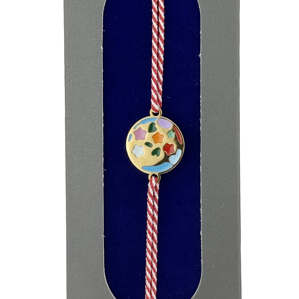 Bratara Placata cu Aur 24k, Jolie, Model GLOB cu STELE, Martisor Bratara, cu Snur Alb/Rosu, Auriu