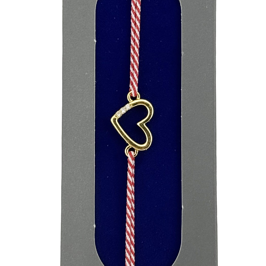 Bratara Placata cu Aur 24k, Jolie, Model INIMA cu 3 Pietre, Martisor Bratara, cu Snur Alb/Rosu, Auriu