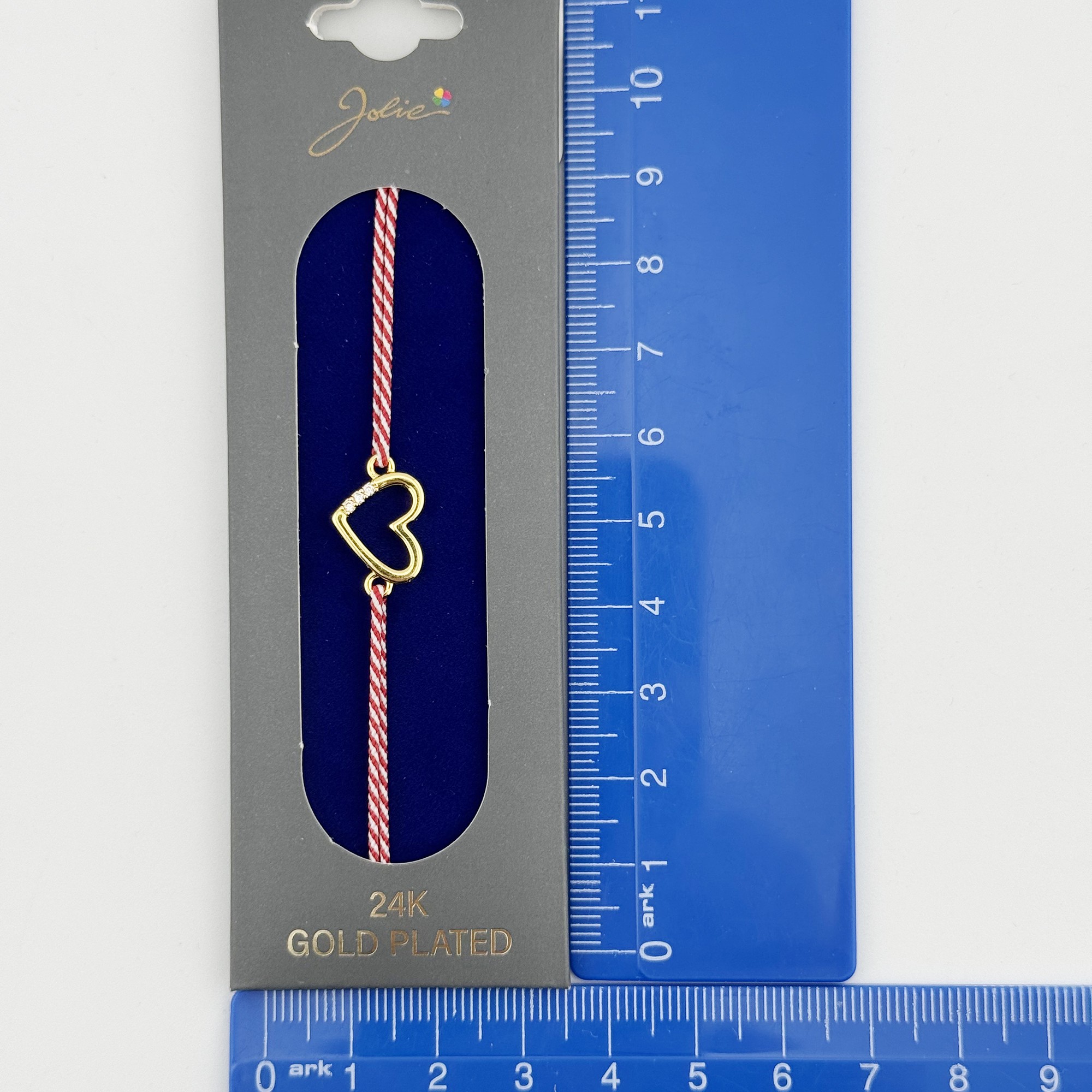 Bratara Placata cu Aur 24k, Jolie, Model INIMA cu 3 Pietre, Martisor Bratara, cu Snur Alb/Rosu, Auriu