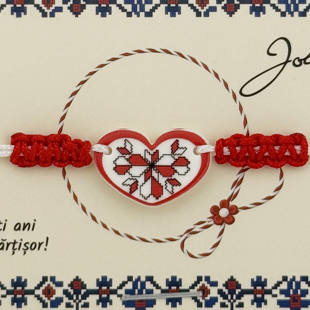 Martisor Traditional Bratara Norocoasa, Jolie, Model Inima, Bratara Martisor pentru Copii, din Plastic/Textil, Snur Alb/Rosu