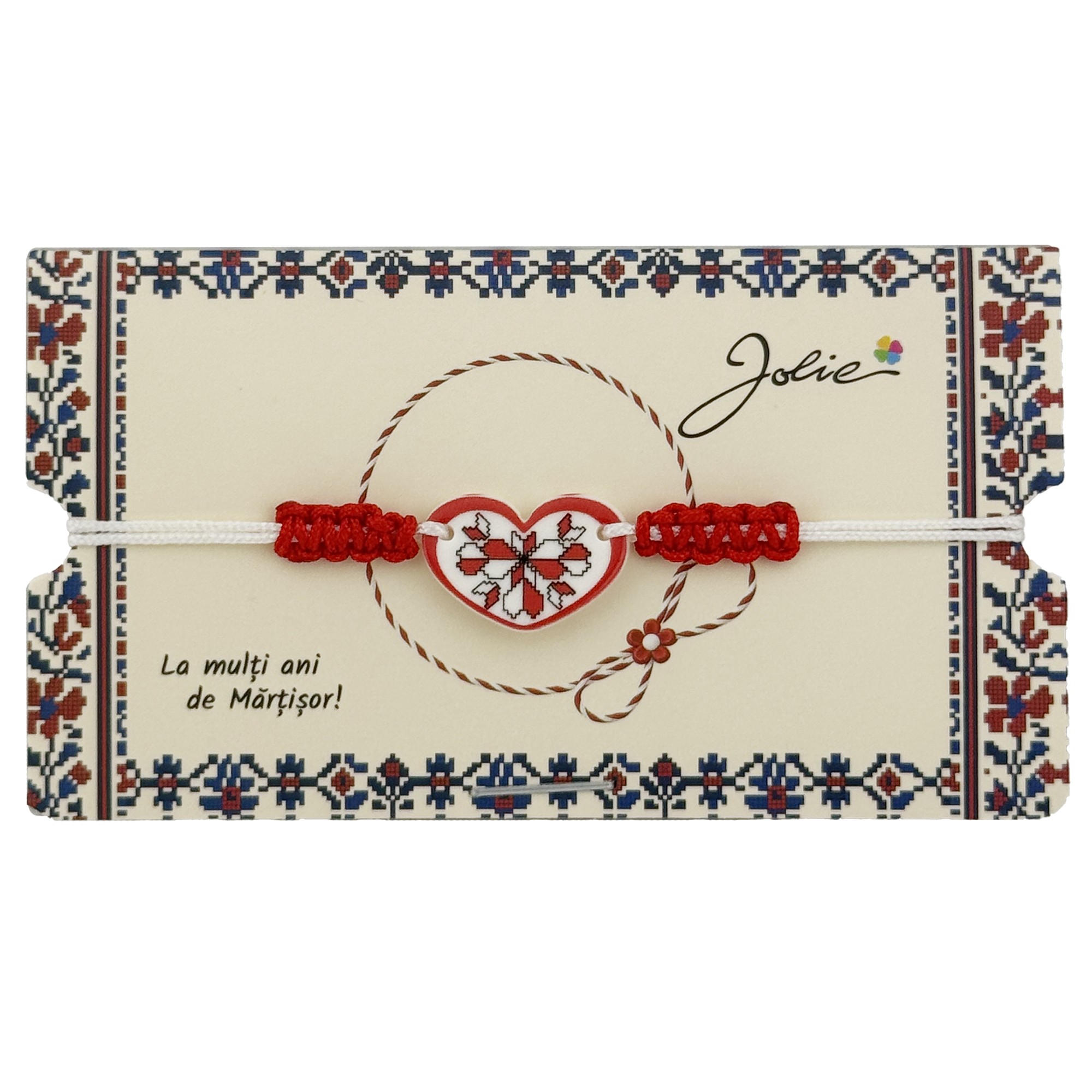 Martisor Traditional Bratara Norocoasa, Jolie, Model Inima, Bratara Martisor pentru Copii, din Plastic/Textil, Snur Alb/Rosu