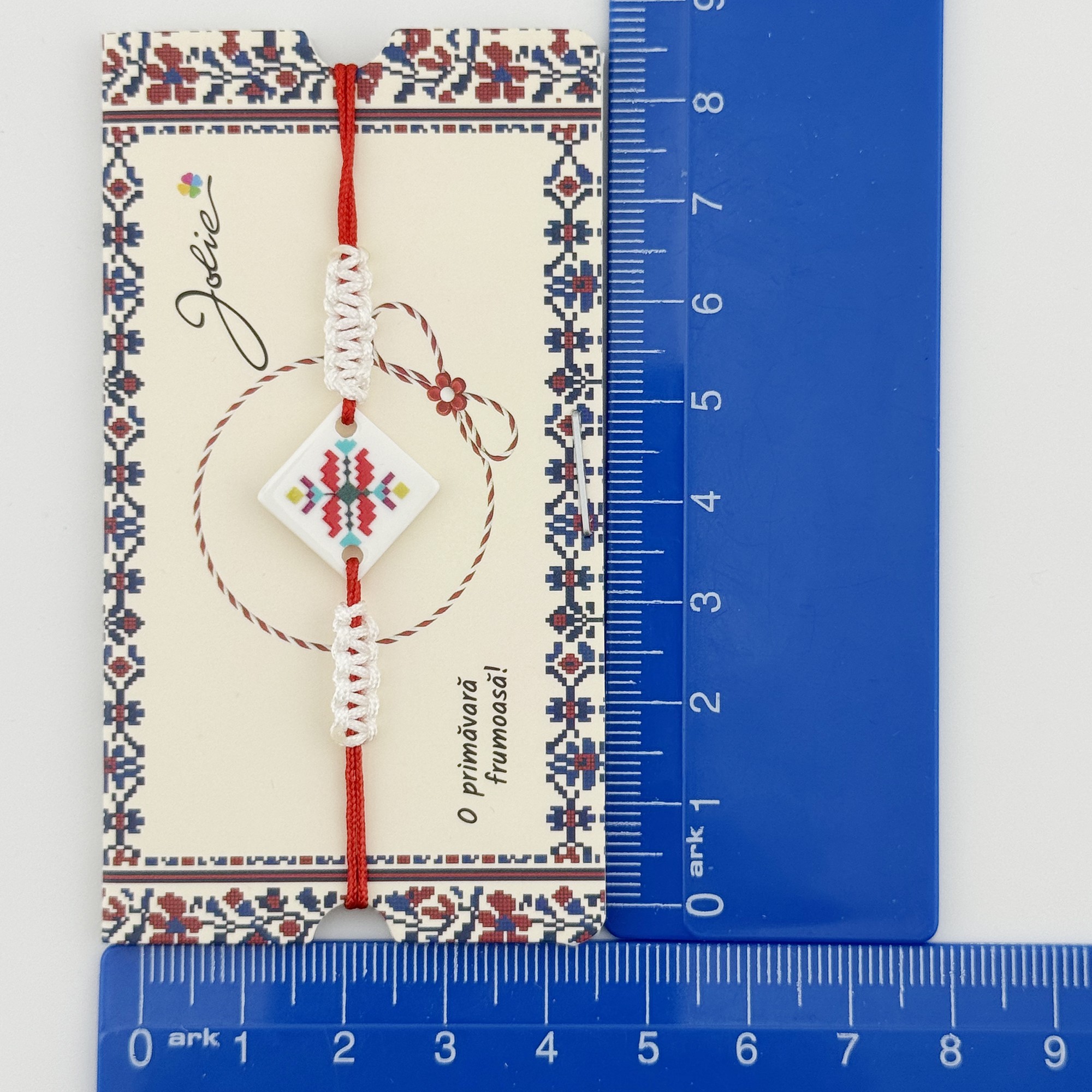 Martisor Traditional Bratara Norocoasa, Jolie, Model Romb Multicolor, Bratara Martisor pentru Copii, din Plastic/Textil, Snur Alb/Rosu