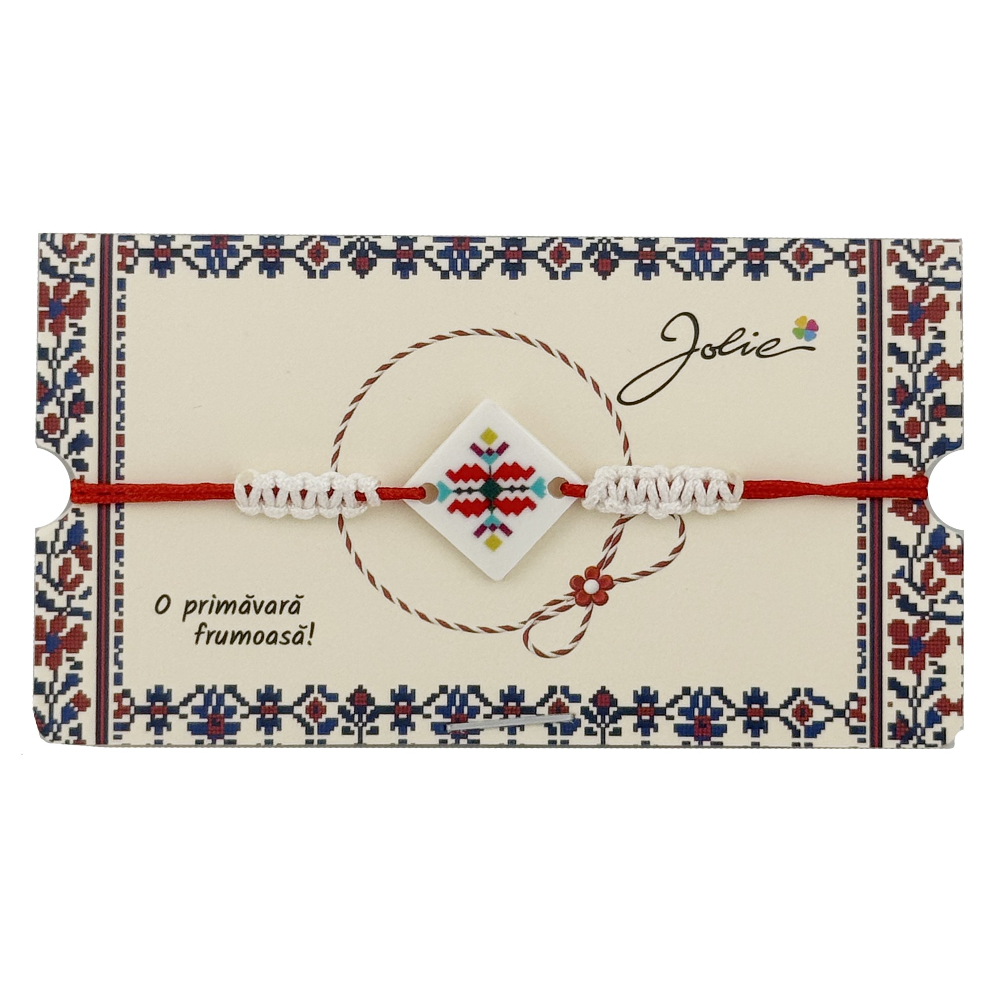 Martisor Traditional Bratara Norocoasa, Jolie, Model Romb Multicolor, Bratara Martisor pentru Copii, din Plastic/Textil, Snur Alb/Rosu