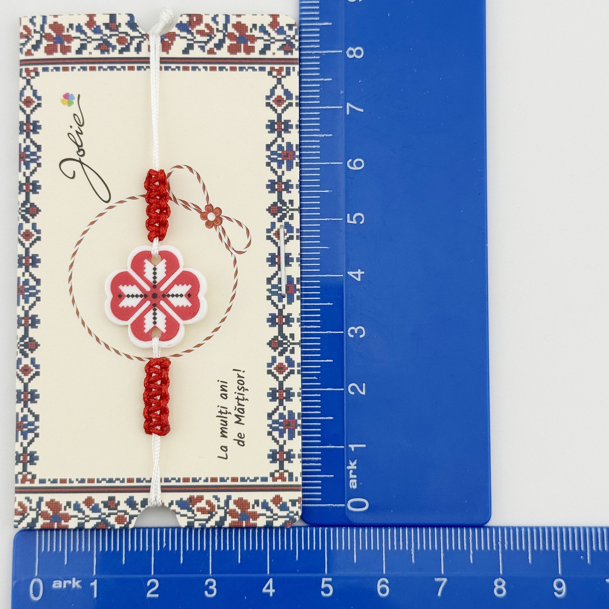 Martisor Traditional Bratara Norocoasa, Jolie, Model Trifoi Rosu Traditional, Bratara Martisor pentru Copii, din Plastic/Textil, Snur Alb/Rosu