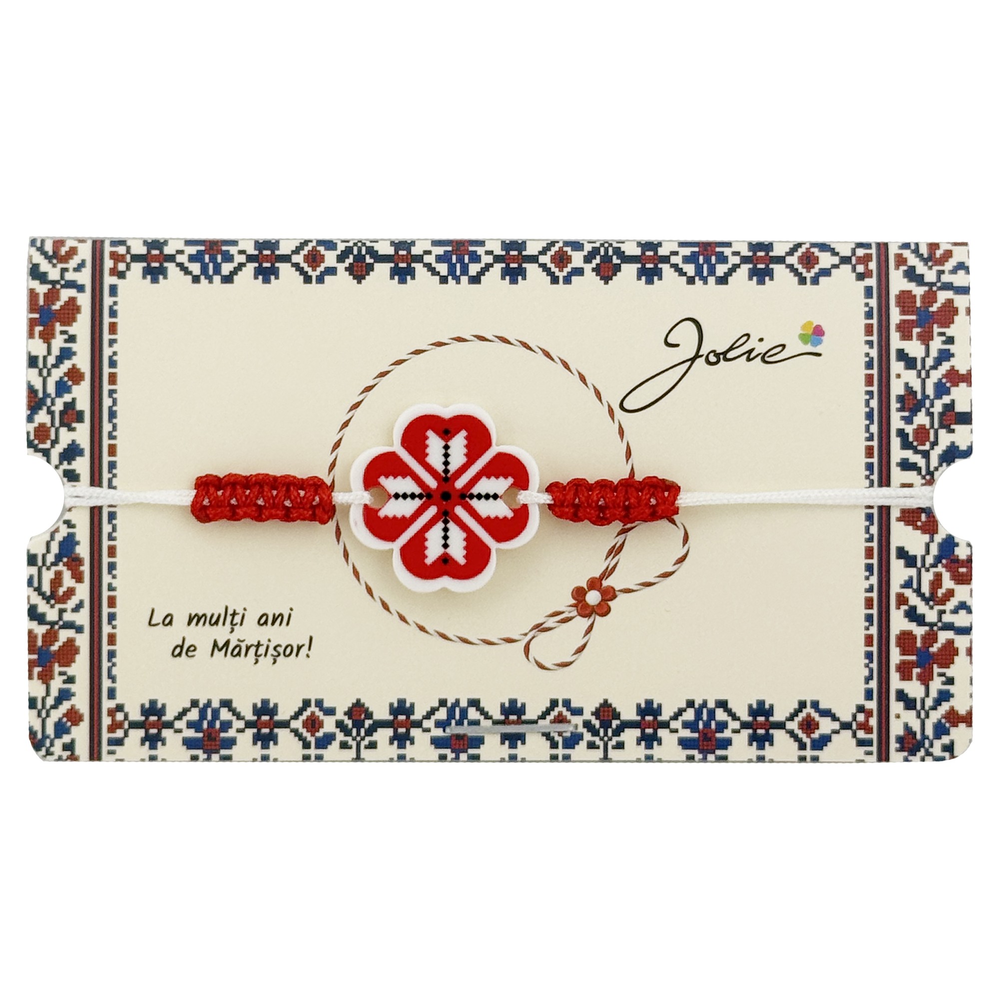 Martisor Traditional Bratara Norocoasa, Jolie, Model Trifoi Rosu Traditional, Bratara Martisor pentru Copii, din Plastic/Textil, Snur Alb/Rosu