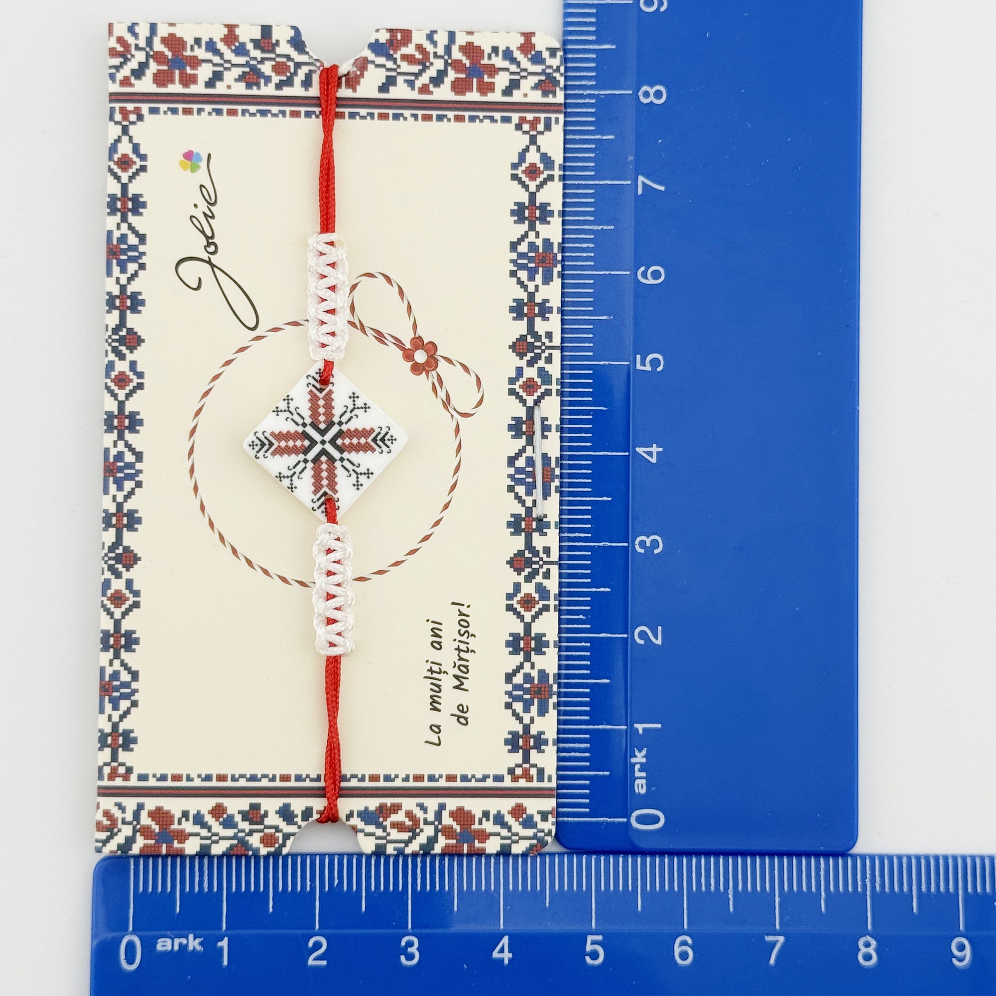 Martisor Traditional Bratara Norocoasa, Jolie, Model Romb Port Traditional, Bratara Martisor pentru Copii, din Plastic/Textil, Snur Alb/Rosu