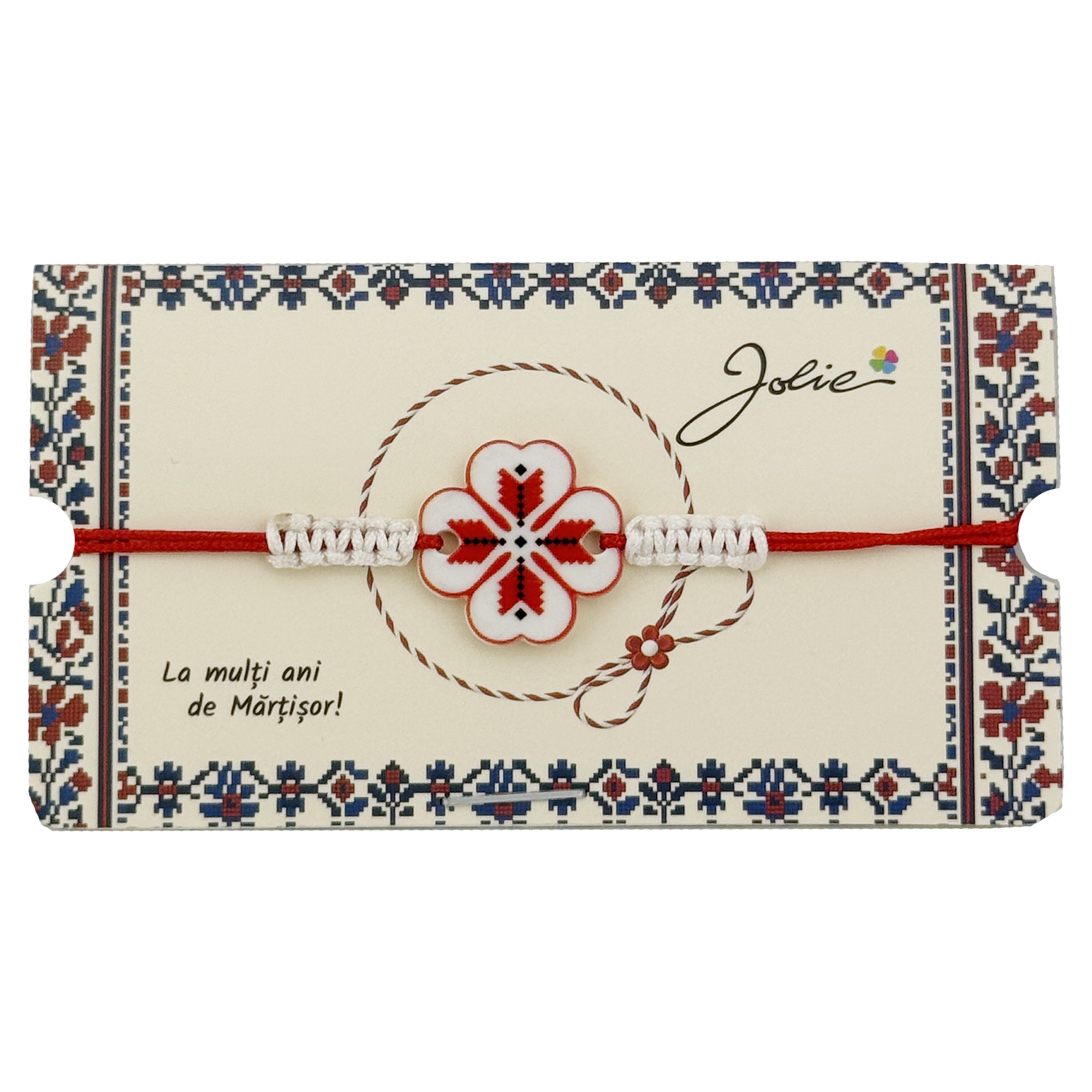 Martisor Traditional Bratara Norocoasa, Jolie, Model Trifoi Port Traditional, Bratara Martisor pentru Copii, din Plastic/Textil, Snur Rosu/Alb