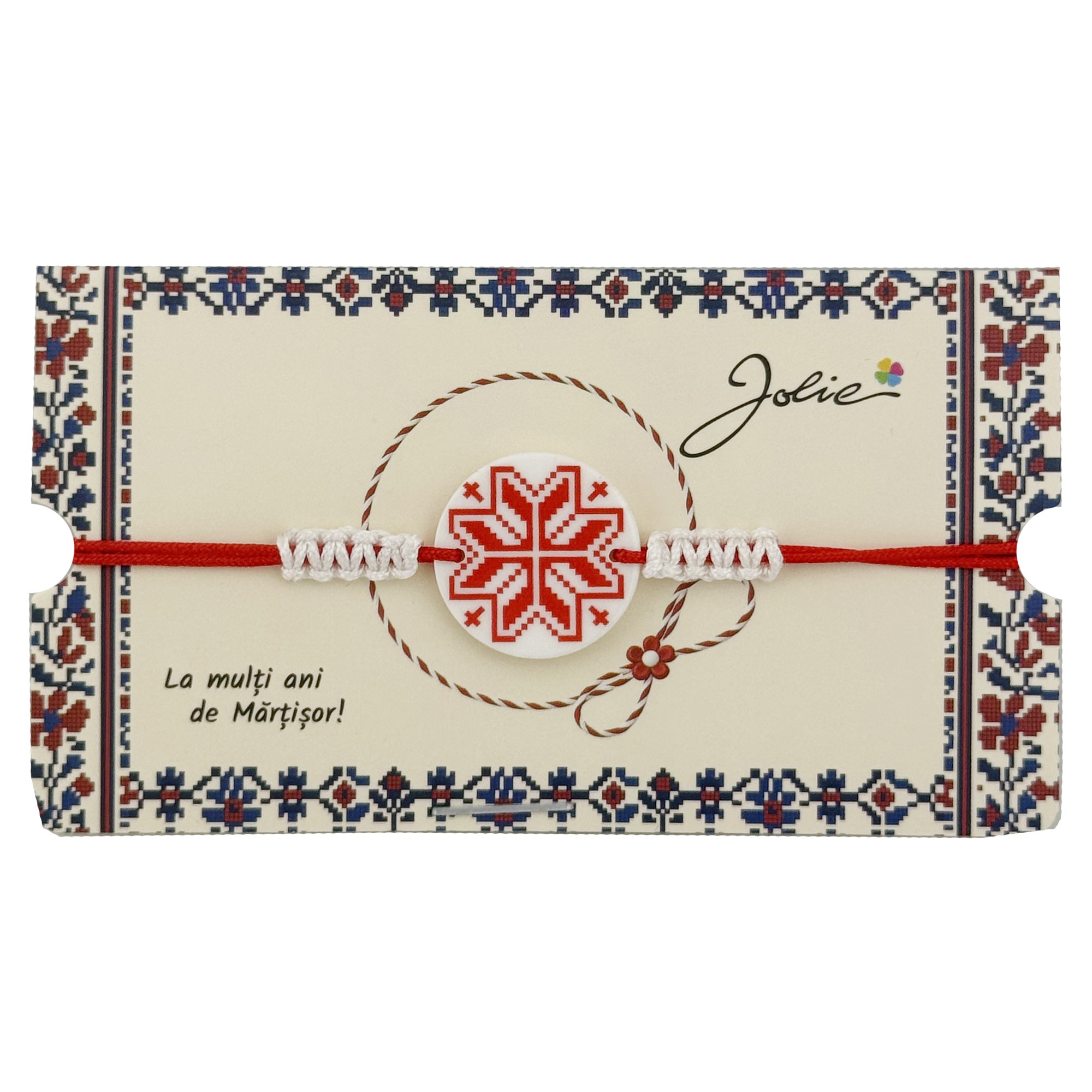 Martisor Traditional Bratara Norocoasa, Jolie, Model Rotund cu Port Traditional, Bratara Martisor pentru Copii, din Plastic/Textil, Snur Alb/Rosu