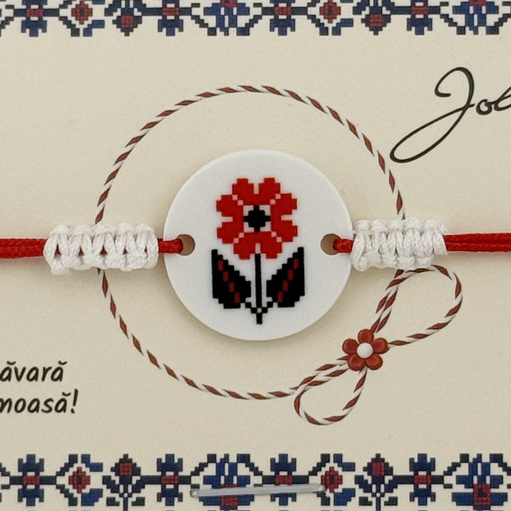 Martisor Traditional Bratara Norocoasa, Jolie, Model Rotund Floare, Bratara Martisor pentru Copii, din Plastic/Textil, Snur Rosu/Alb