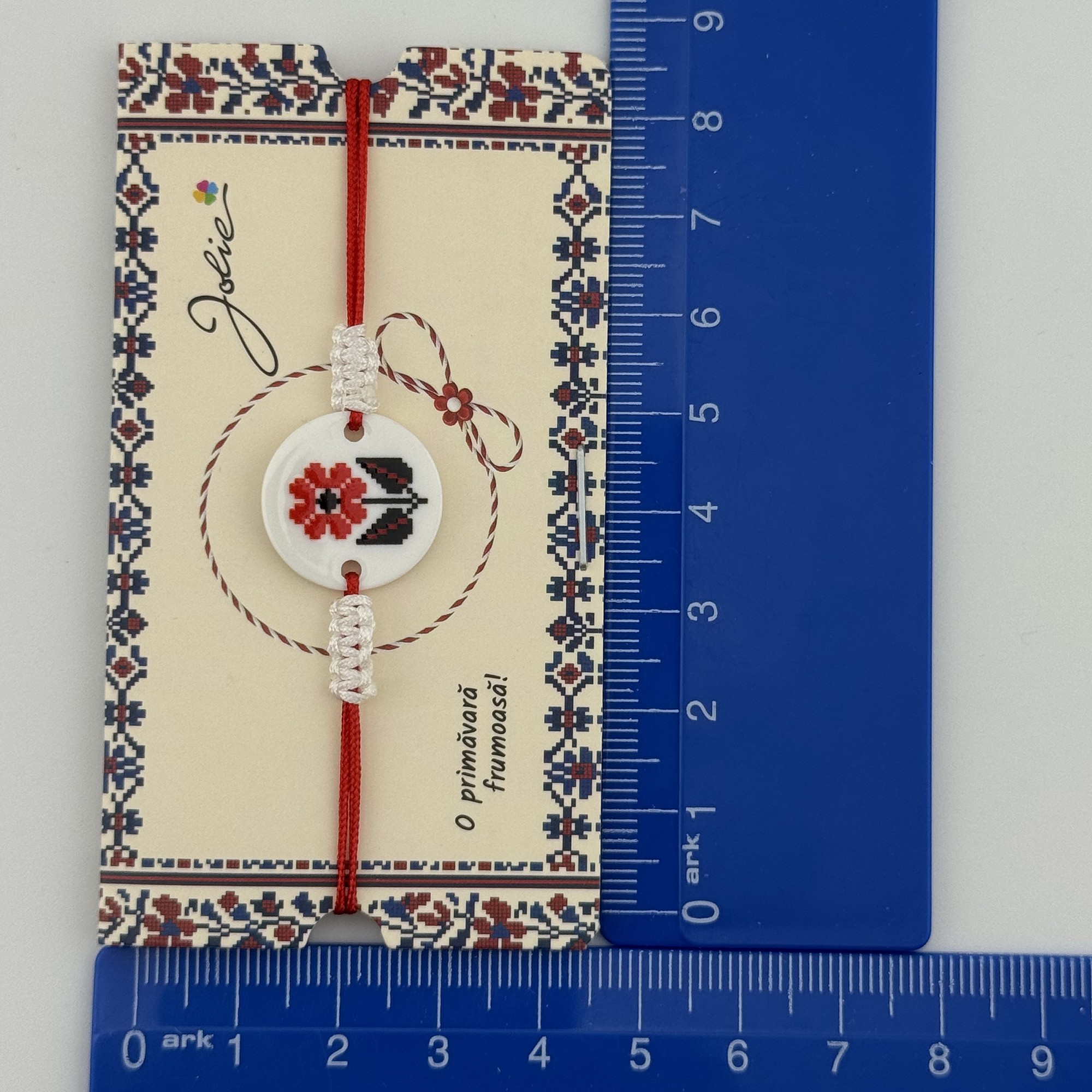 Martisor Traditional Bratara Norocoasa, Jolie, Model Rotund Floare, Bratara Martisor pentru Copii, din Plastic/Textil, Snur Rosu/Alb