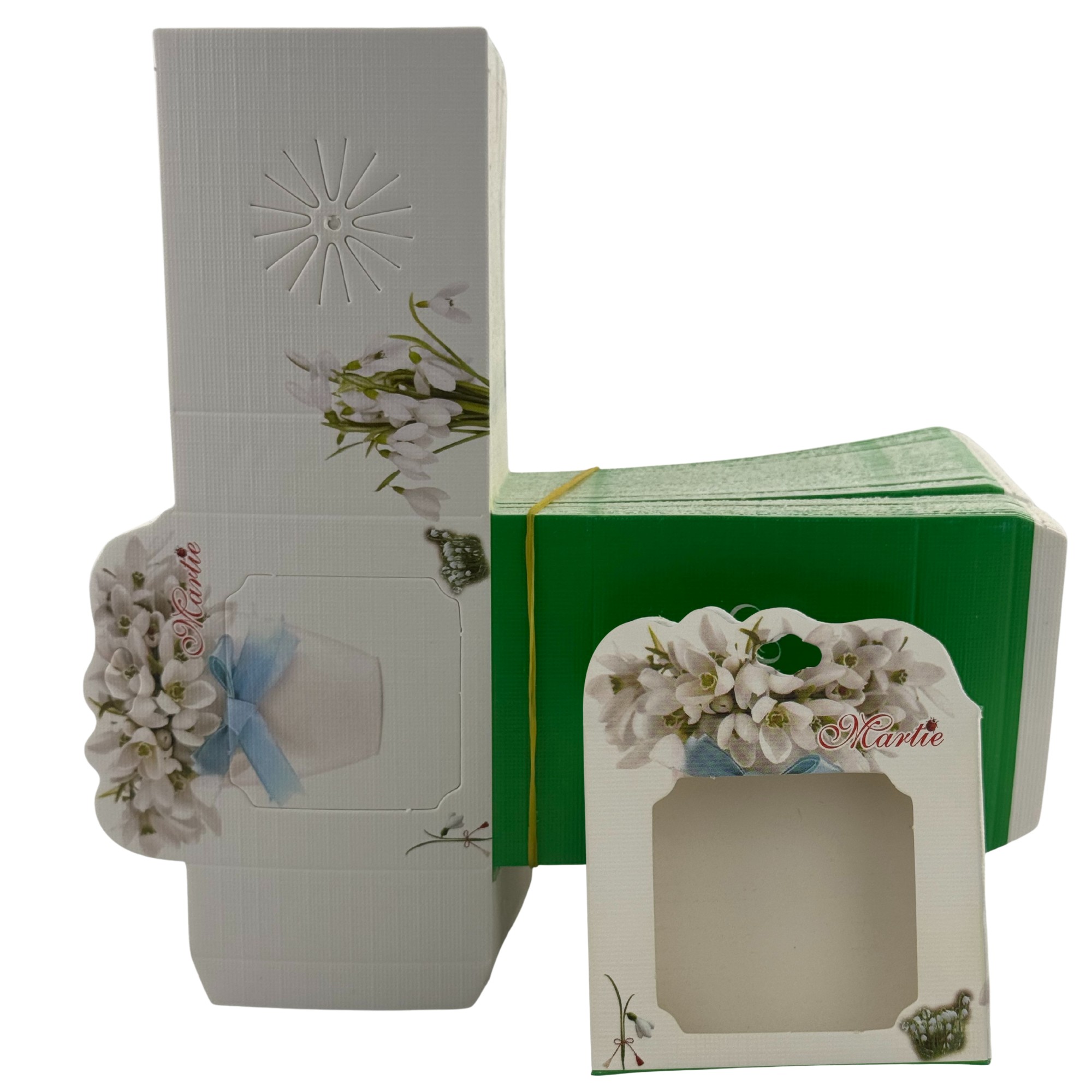 Ambalaje Martisor - Set 100 Bucati Ambalaje de Carton pentru Martisoare, Flippy, Cutii Brosa, Model Ghiveci cu Ghiocei, Alb-Verde