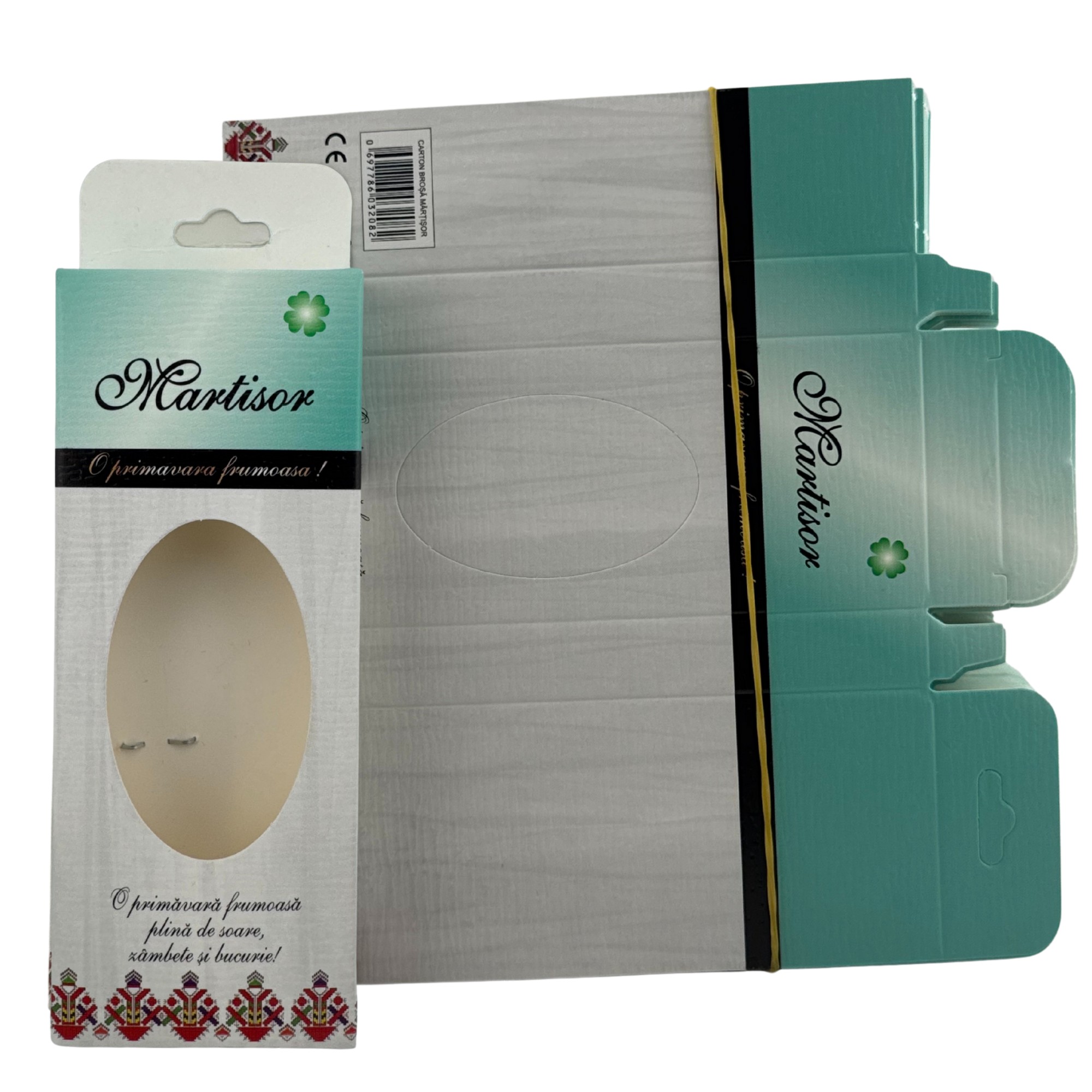 Ambalaje Martisor - Set 100 Bucati Ambalaje de Carton pentru Martisoare, Flippy, Cutii Brosa, Model cu Motive Populare, Verde