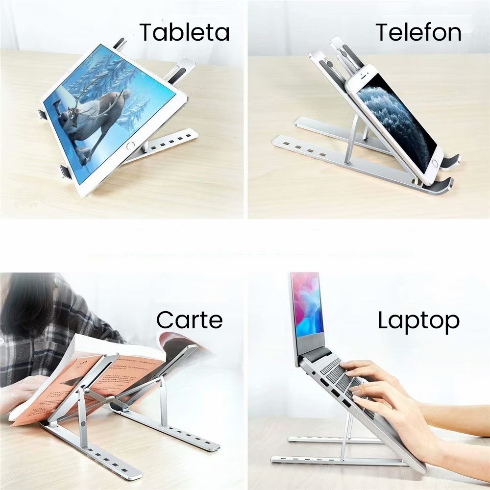 Suport pentru Laptop, Flippy, Suport Portabil Pliabil, Universal Reglabil Suspendat pentru Tableta, din Aliaj si ABS, 100-160 mm, 26 x 19 x 16 cm, Silver Gray