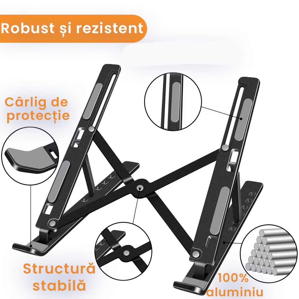 Suport pentru Laptop, Flippy, Suport Portabil Pliabil, Universal Reglabil Suspendat pentru Tableta, din Aliaj si ABS, 100-160 mm, 26 x 19 x 16 cm, Negru