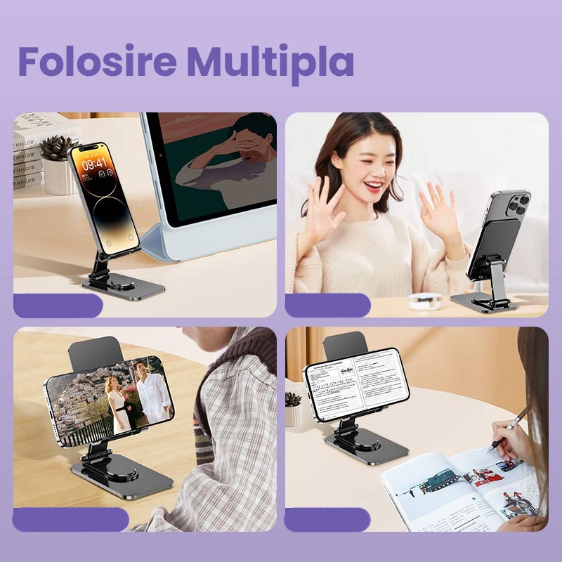 Suport pentru Telefon, Flippy, Suport Pliabil pentru Streaming, din Aliaj de Aluminiu, Compatibil cu Tableta, pentru Birou, 14.6 x 11.5 x 7 cm, Aurora Silver