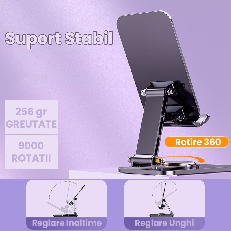 Suport pentru Telefon, Flippy, Suport Pliabil pentru Streaming, din Aliaj de Aluminiu, Compatibil cu Tableta, pentru Birou, 14.6 x 11.5 x 7 cm, Aurora Silver