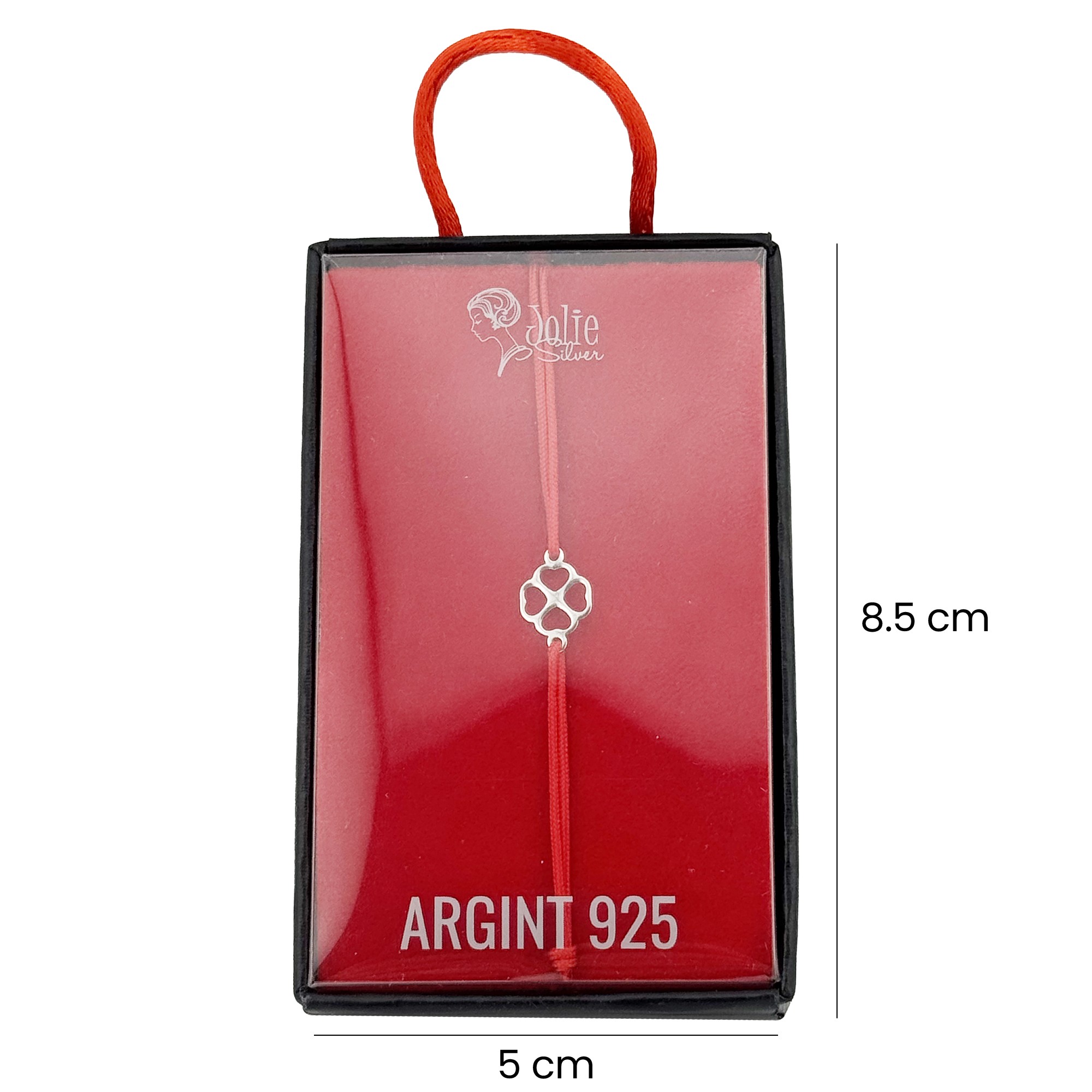 Martisor Bratara Argint 925 pentru Copii, Jolie, Model Inimioare in Trifoi, Martisor de 1 Martie, cu Snur Rosu, Argintiu