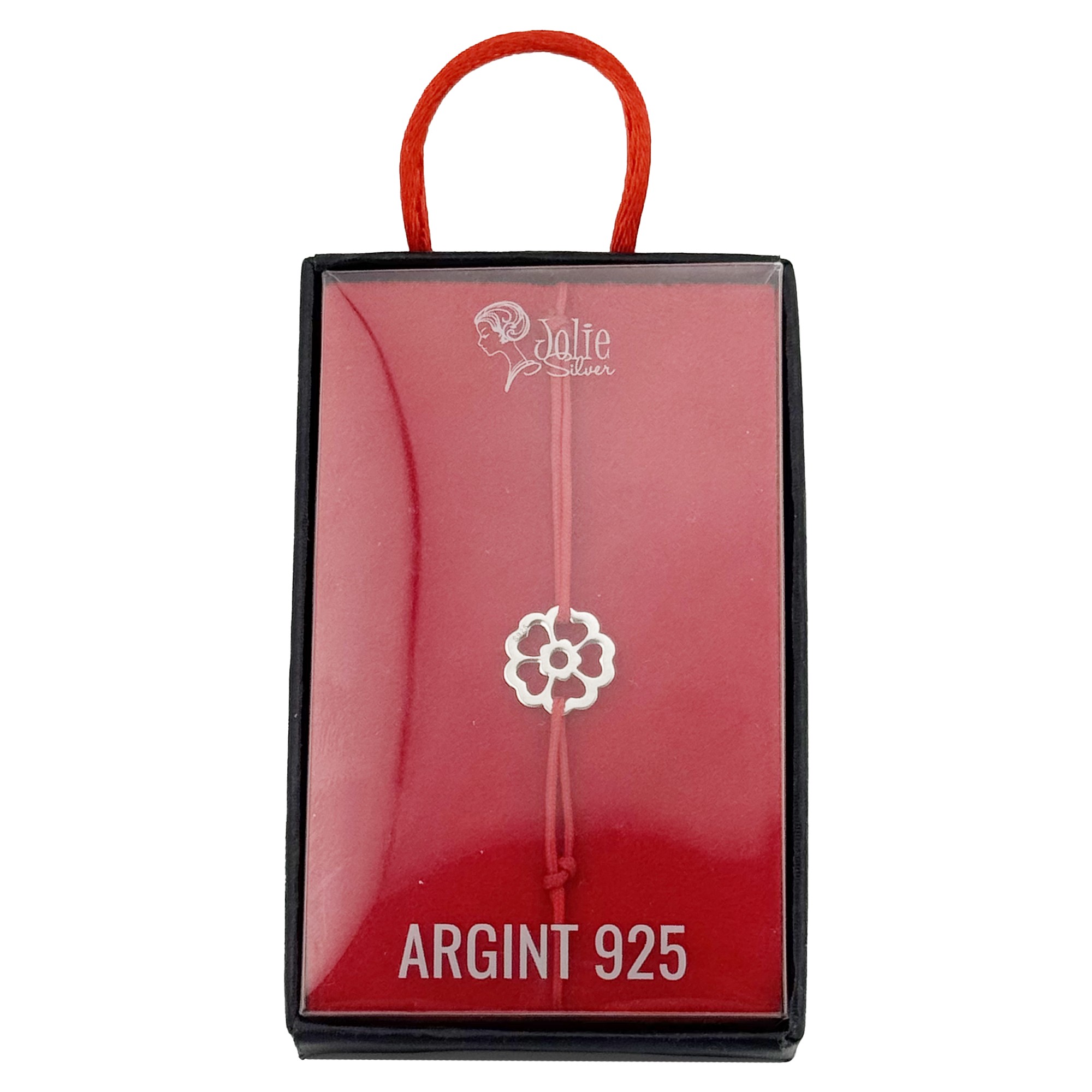 Bratara Argint 925 pentru Dama, Jolie, Model Floare in Contur, Martisor Bratara de 1 Martie, Pandativ Argintiu cu Snur Rosu