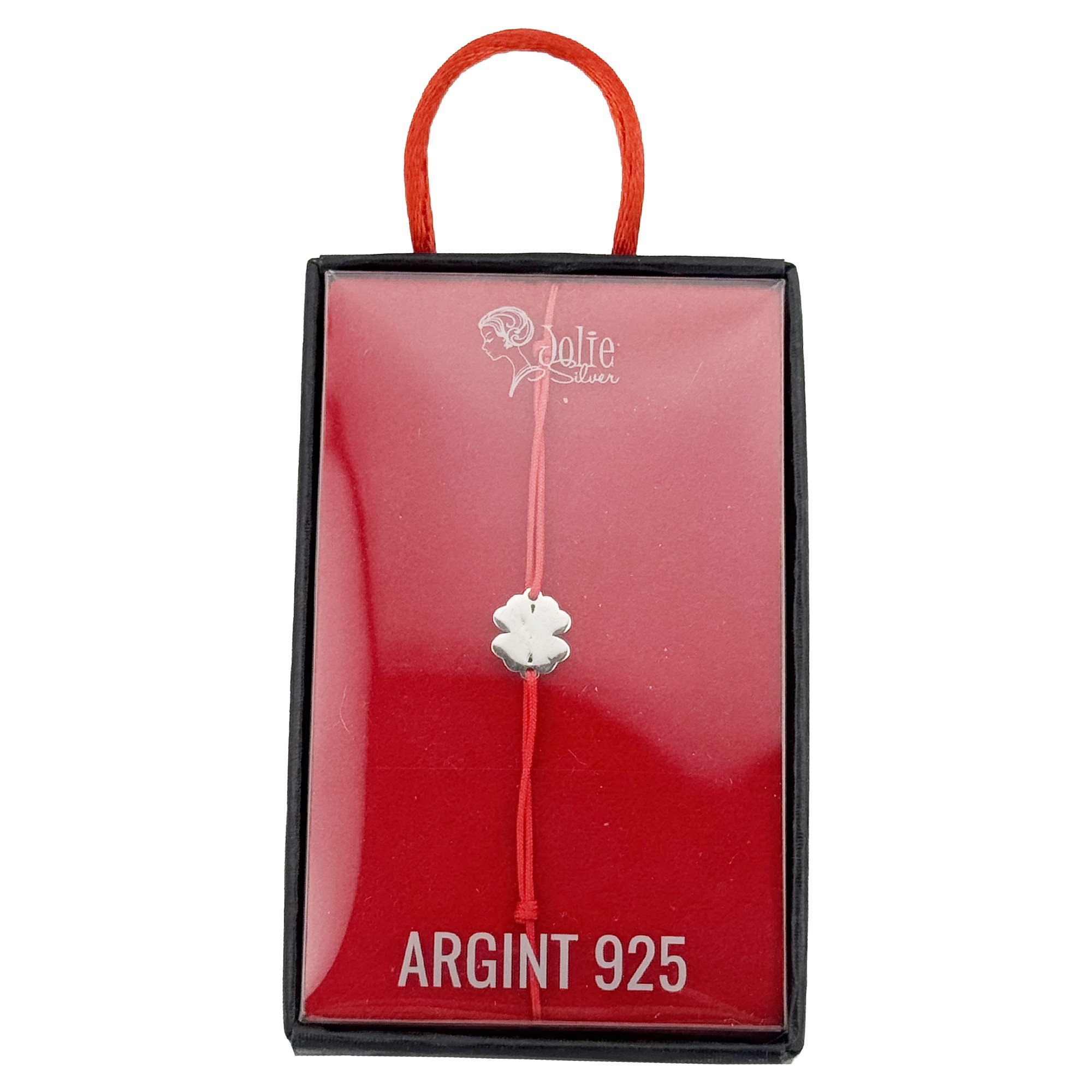 Bratara Argint 925 pentru Dama, Jolie, Model Trifoi plin, Martisor Bratara de 1 Martie, Pandativ Argintiu cu Snur Rosu