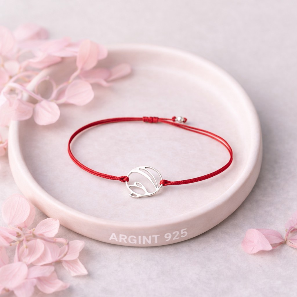 Bratara Martisor, Jolie Silver, Model Floare Stilizata Rotunda, Reglabila, Argint 925, Snur Textil, 7.5 x 4.5 cm, Argintiu