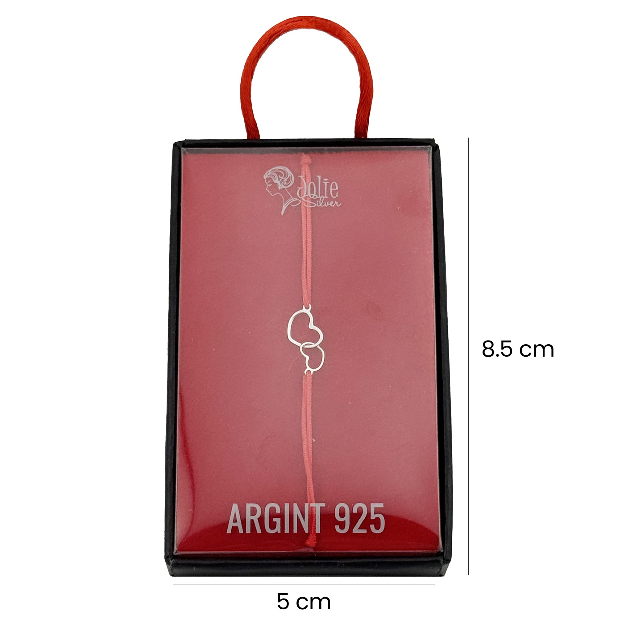 Martisor Bratara Argint 925 pentru Copii, Jolie, Model 2 Inimi Pereche, Martisor de 1 Martie, cu Snur Rosu, Argintiu