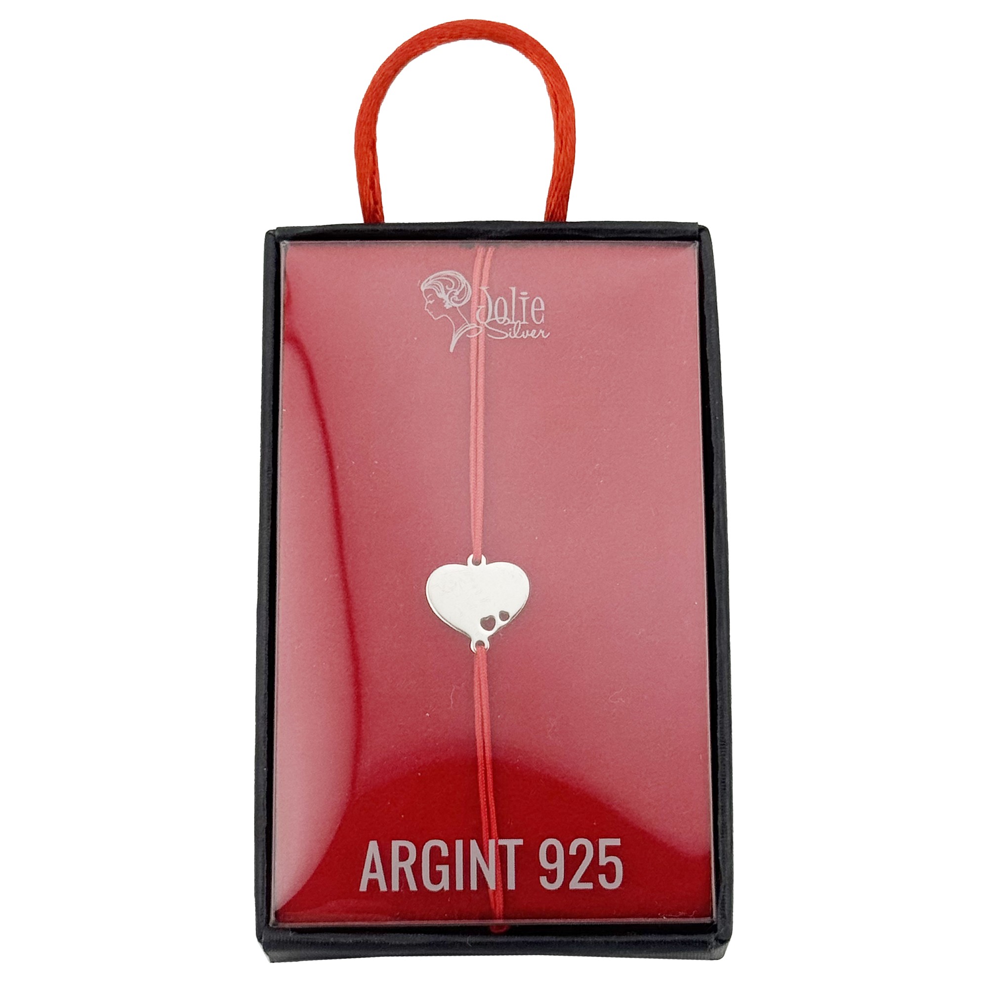 Bratara Argint 925 pentru Dama, Jolie, Model Inima Plina, Martisor Bratara de 1 Martie, Pandativ Argintiu cu Snur Rosu