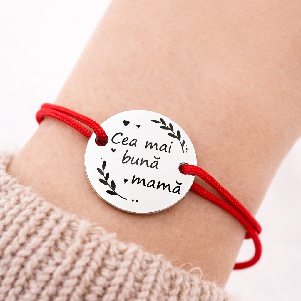 Bratara Martisor, Jolie Silver, Model Cea Mai Buna Mama, Argint 925, Snur Textil, 7.5 x 4.5 cm, Argintiu