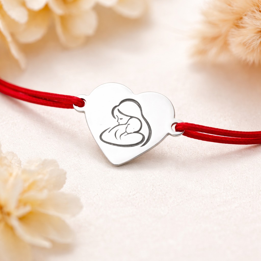 Bratara Martisor, Flippy, Model Mama Si Copil, Inima, Argint 925, Snur Textil Rosu, Gri