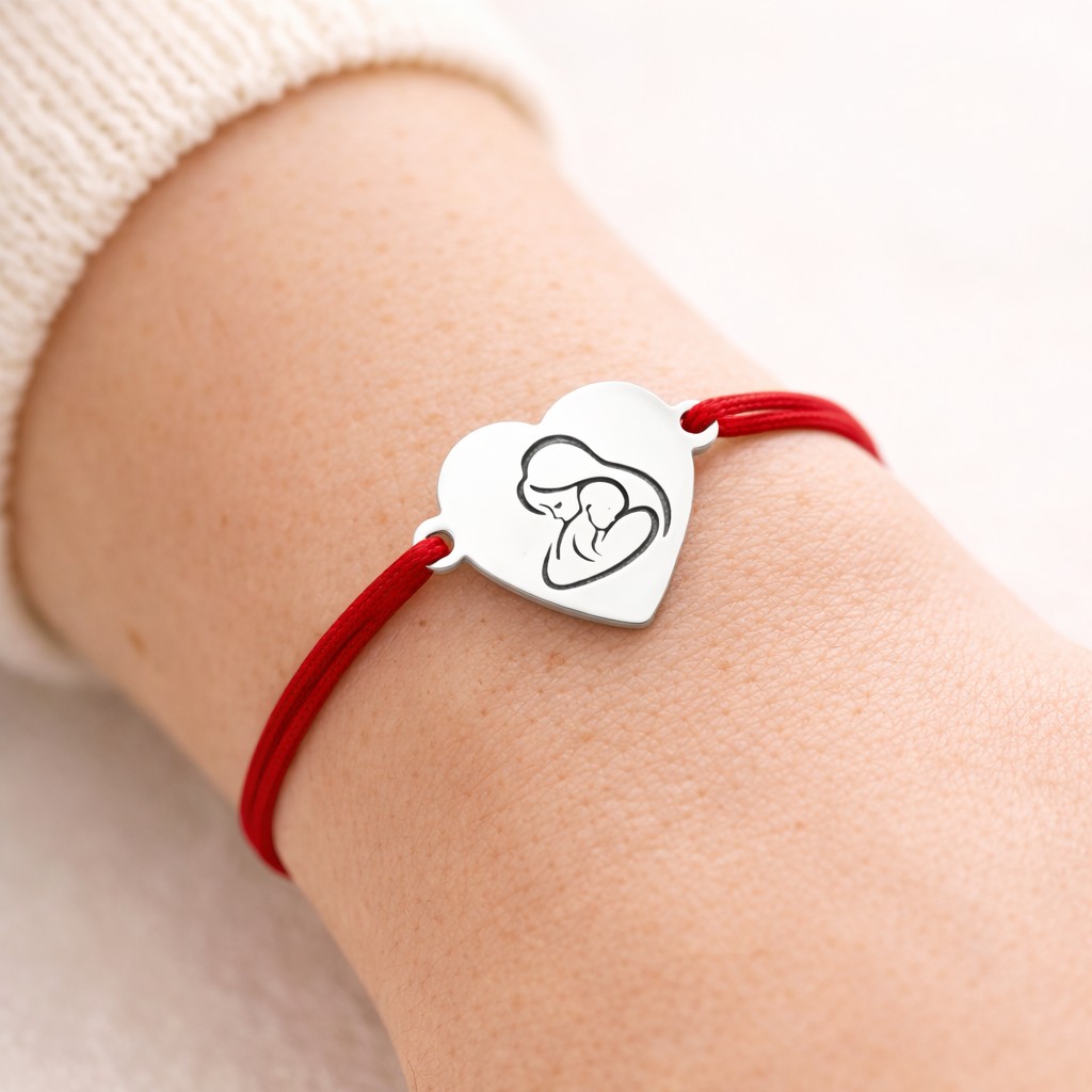 Bratara Martisor, Flippy, Model Mama Si Copil, Inima, Argint 925, Snur Textil Rosu, Gri