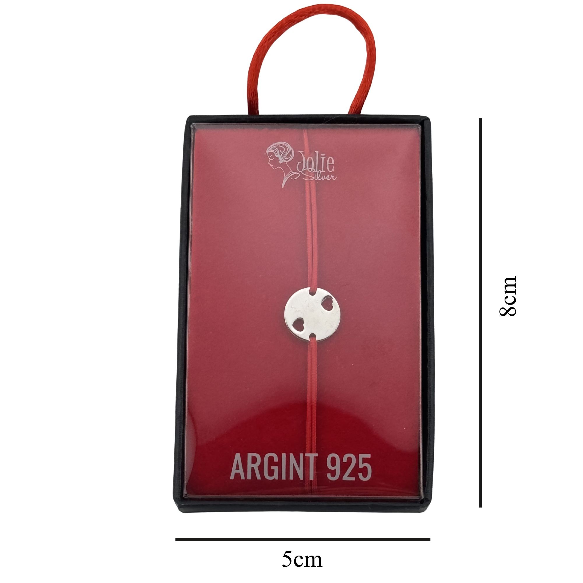 Martisor Bratara, Jolie, Argint 925, Model Rotund Doua Inimi, Snur Rosu Reglabil, Fara Pietre, Argintiu