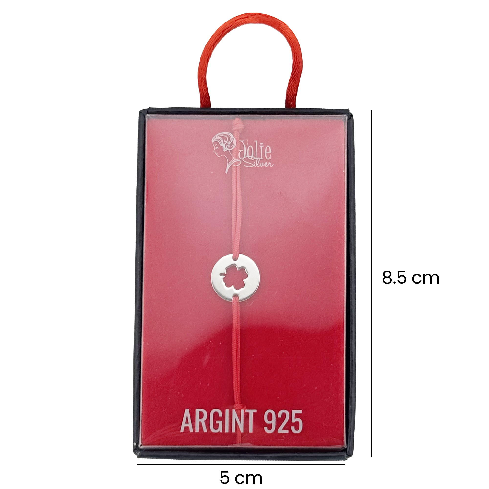 Martisor Bratara Argint 925 pentru Copii, Jolie, Model Trifoi Taiat, Martisor de 1 Martie, cu Snur Rosu, Argintiu