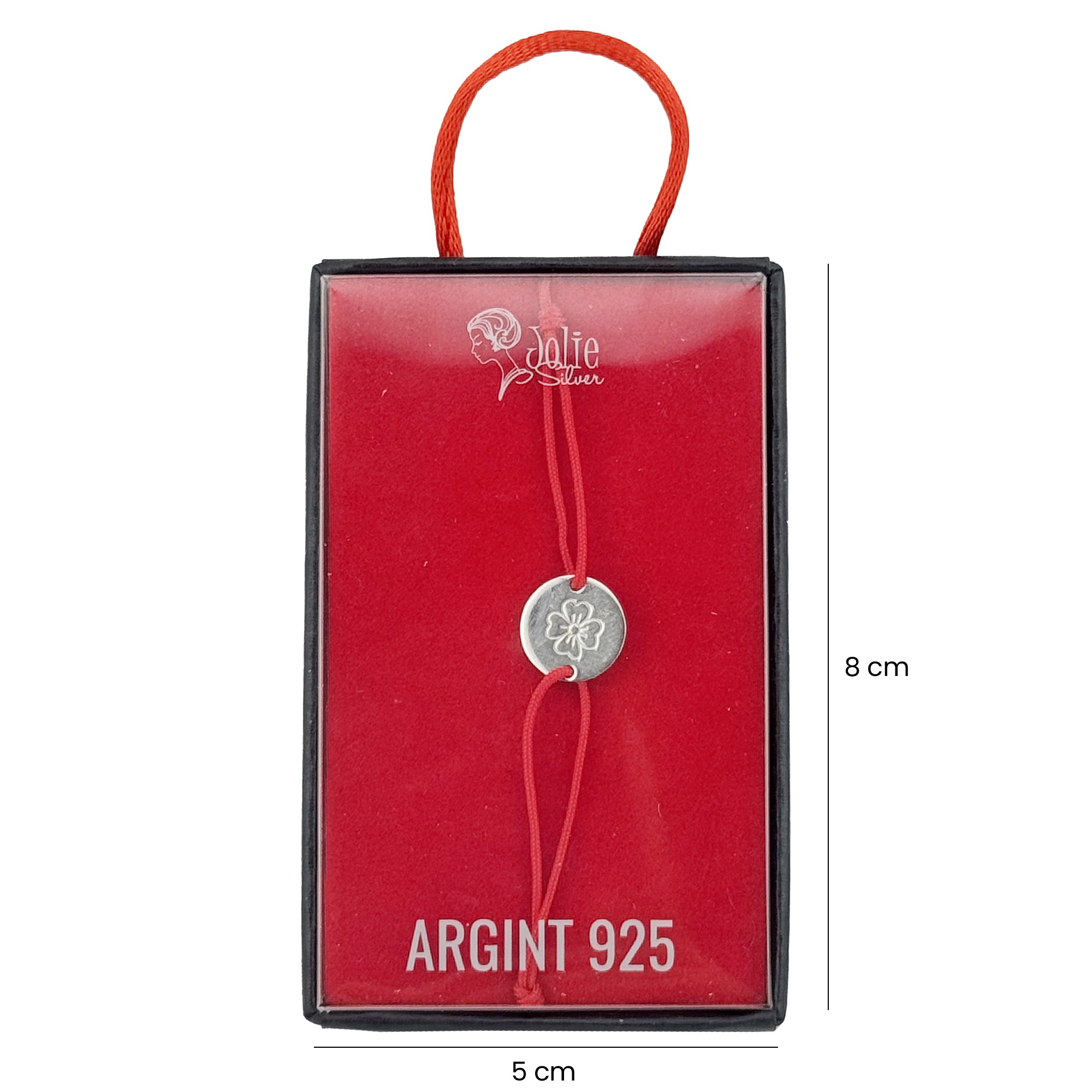 Martisor Bratara Argint 925 pentru Copii, Jolie, Model Trifoi Gravat, Martisor de 1 Martie, cu Snur Rosu, Argintiu