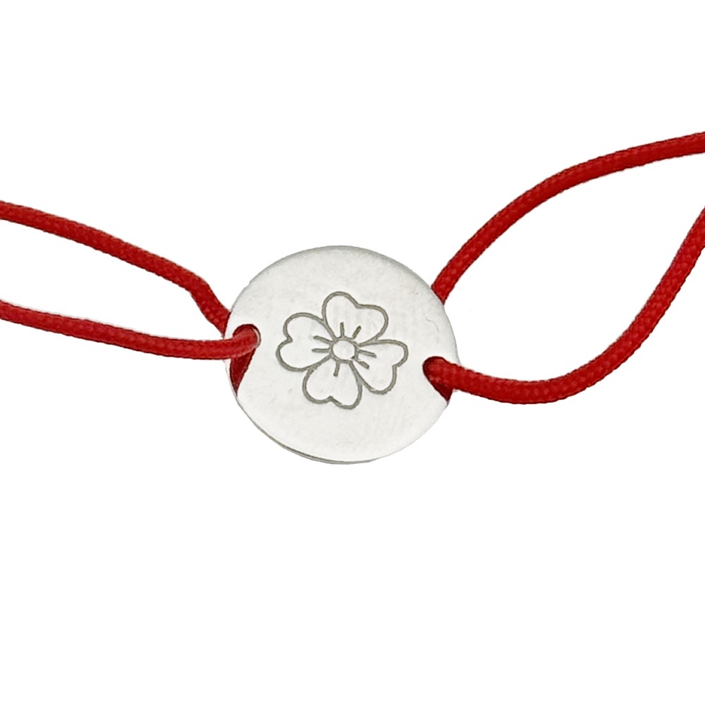 Martisor Bratara Argint 925 pentru Copii, Jolie, Model Trifoi Gravat, Martisor de 1 Martie, cu Snur Rosu, Argintiu